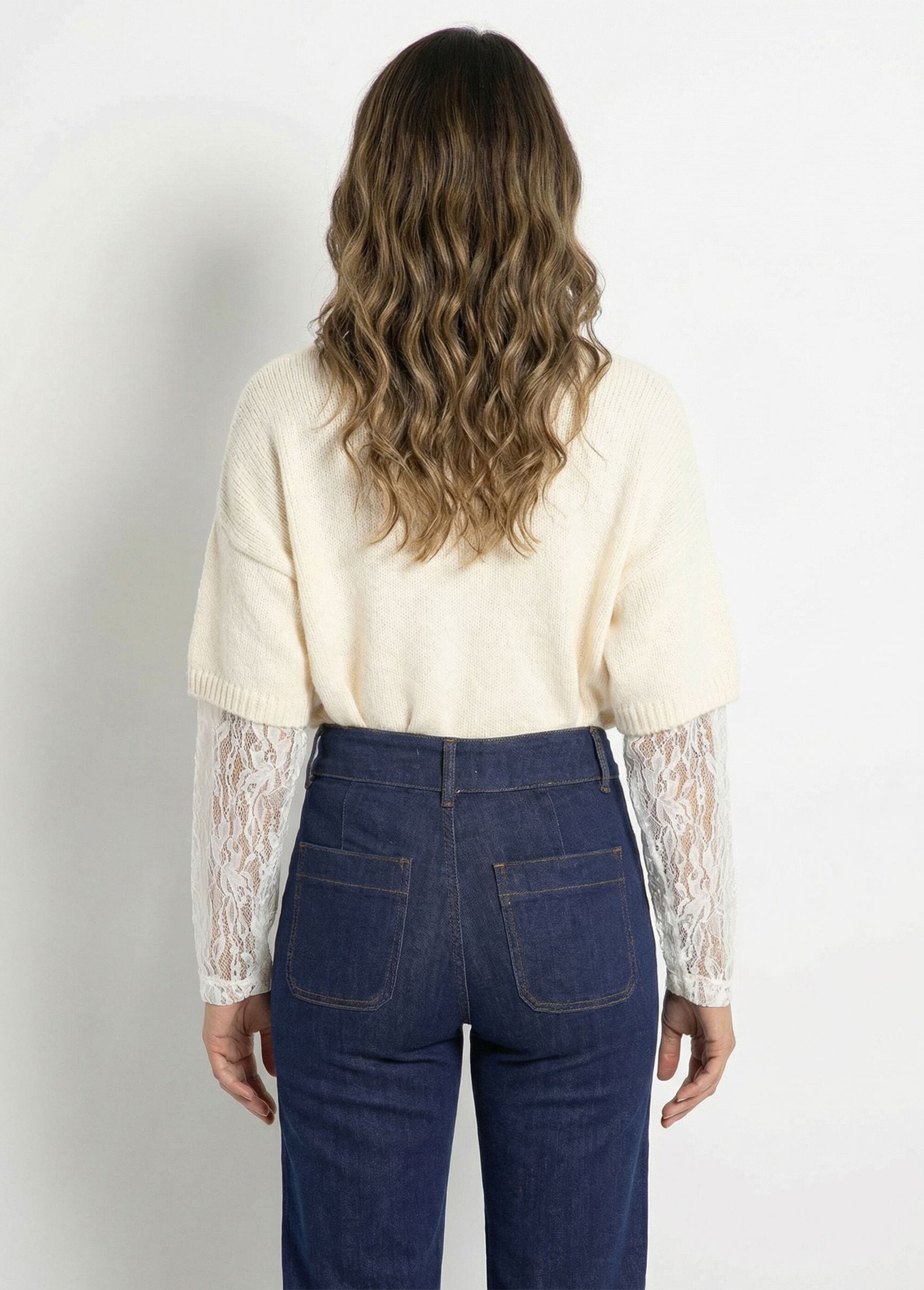 Pull chaud 2 en 1 avec manches dentelle Femme Beige JSM-JP-7971 DO1