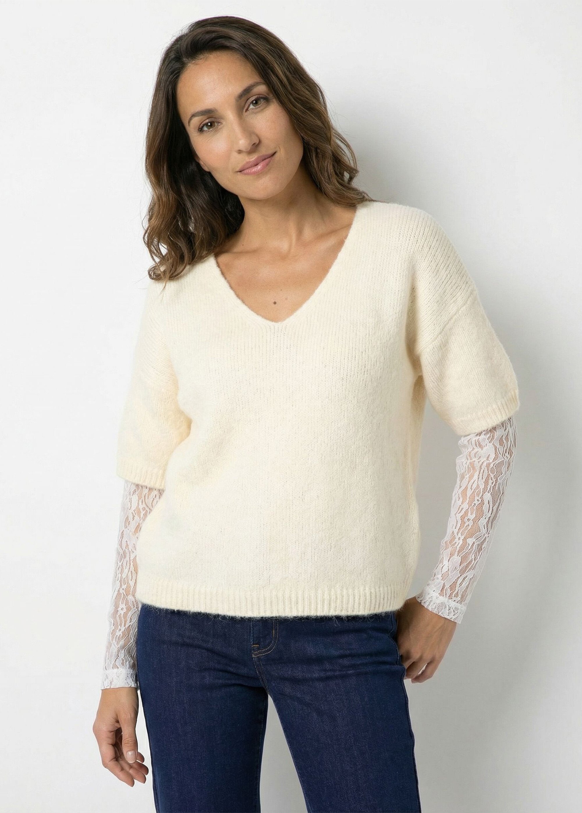 Pull chaud 2 en 1 avec manches dentelle Femme Beige JSM-JP-7971 FA1