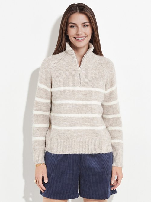 Pull chaud rayé avec col montant zippé Femme Beige IA-AR809 FA1