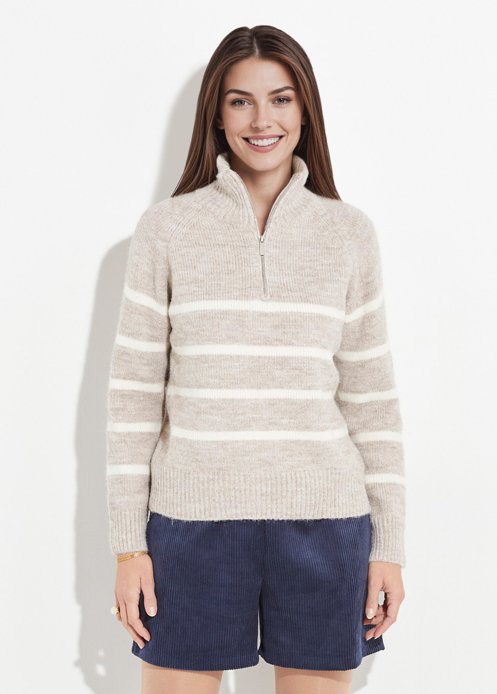 Pull chaud rayé avec col montant zippé Femme Beige IA-AR809 FA1