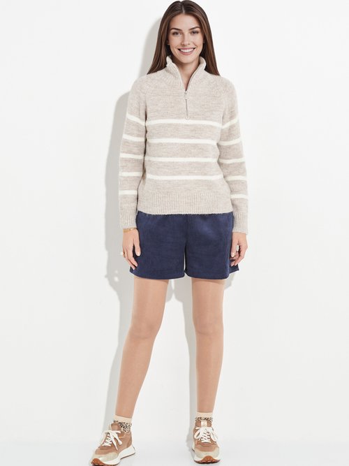 Pull chaud rayé avec col montant zippé Femme Beige IA-AR809 SF1