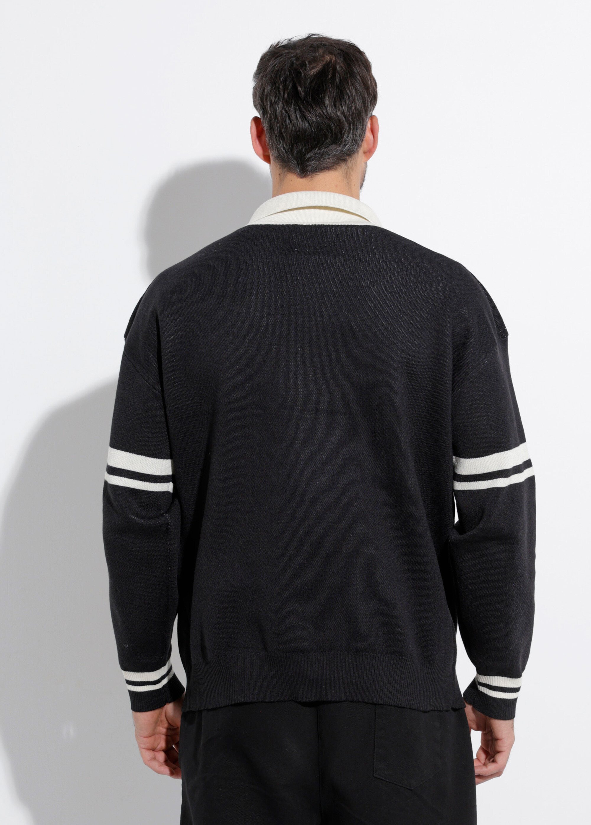 Pull col polo message maille bouclette Homme Noir FRI2206DZ DO1