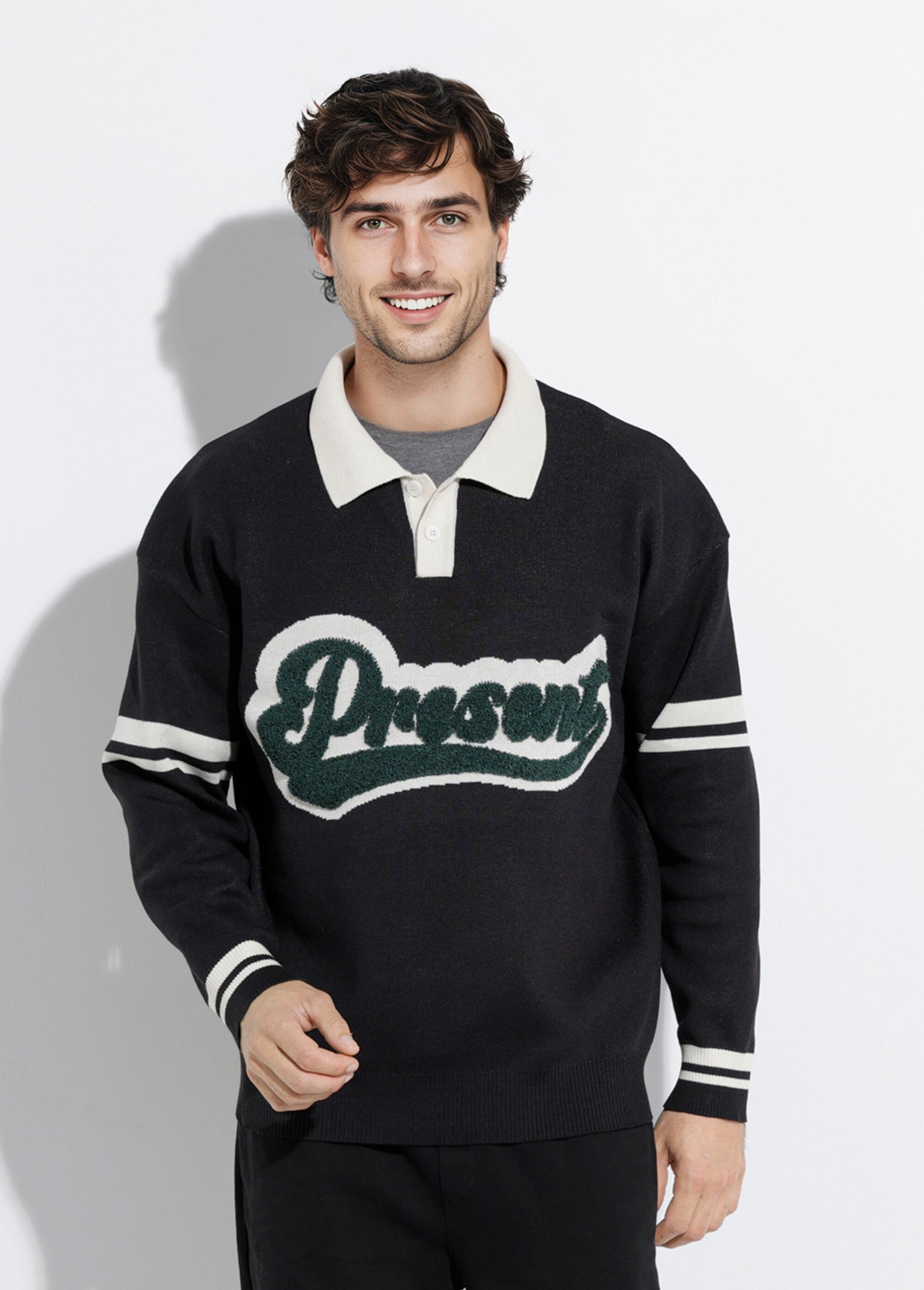 Pull col polo message maille bouclette Homme Noir FRI2206DZ FA1
