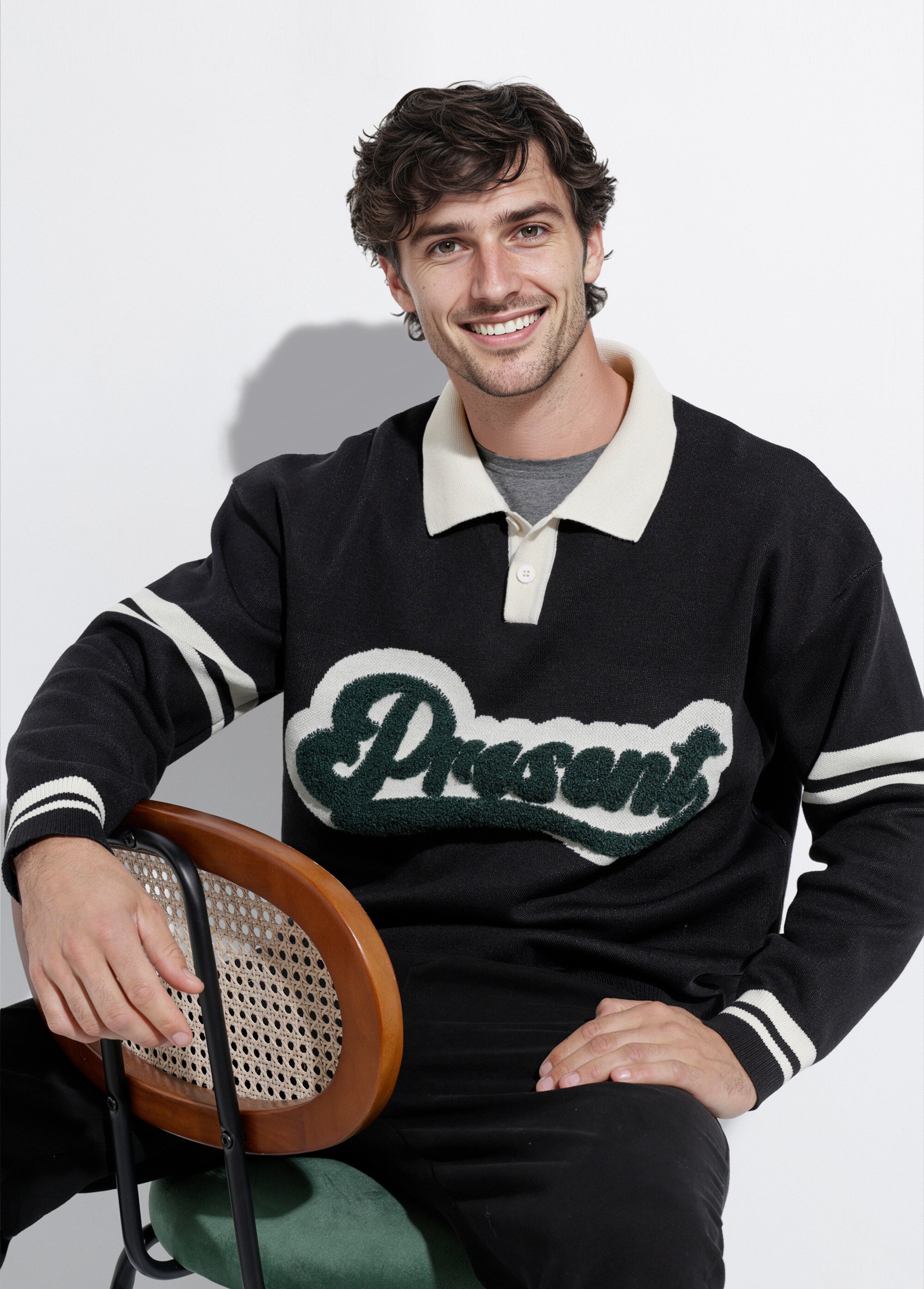Pull col polo message maille bouclette Homme Noir FRI2206DZ MV1
