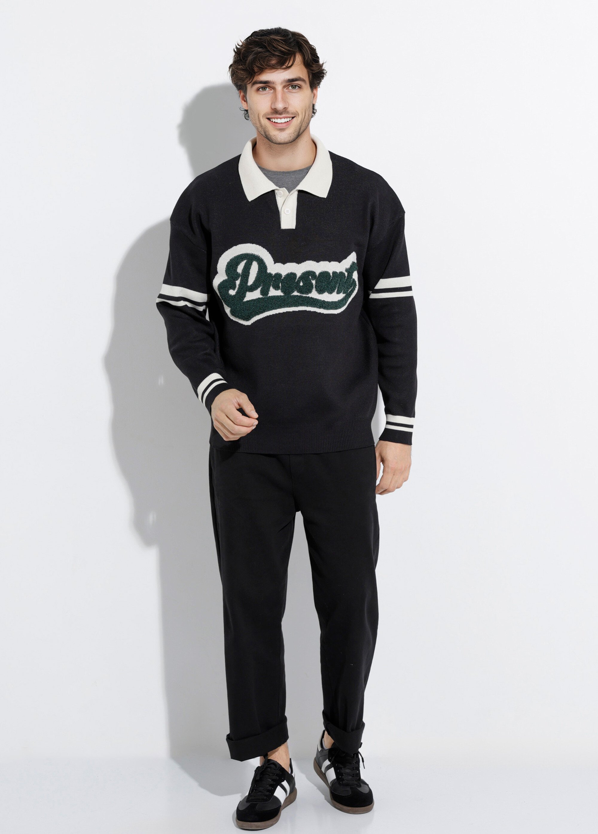 Pull col polo message maille bouclette Homme Noir FRI2206DZ SF1