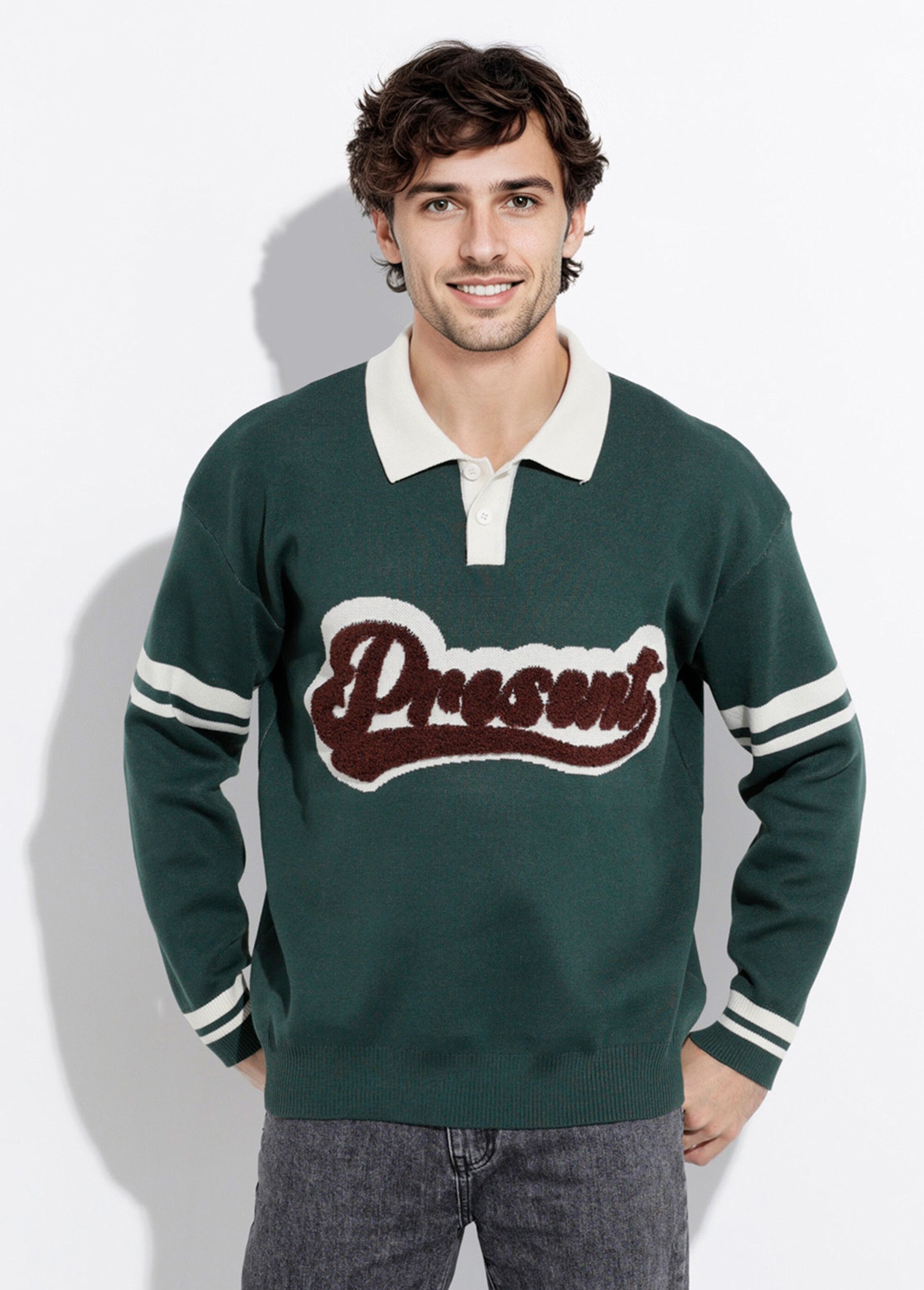 Pull col polo message maille bouclette Homme Vert FRI2206DZ FA1