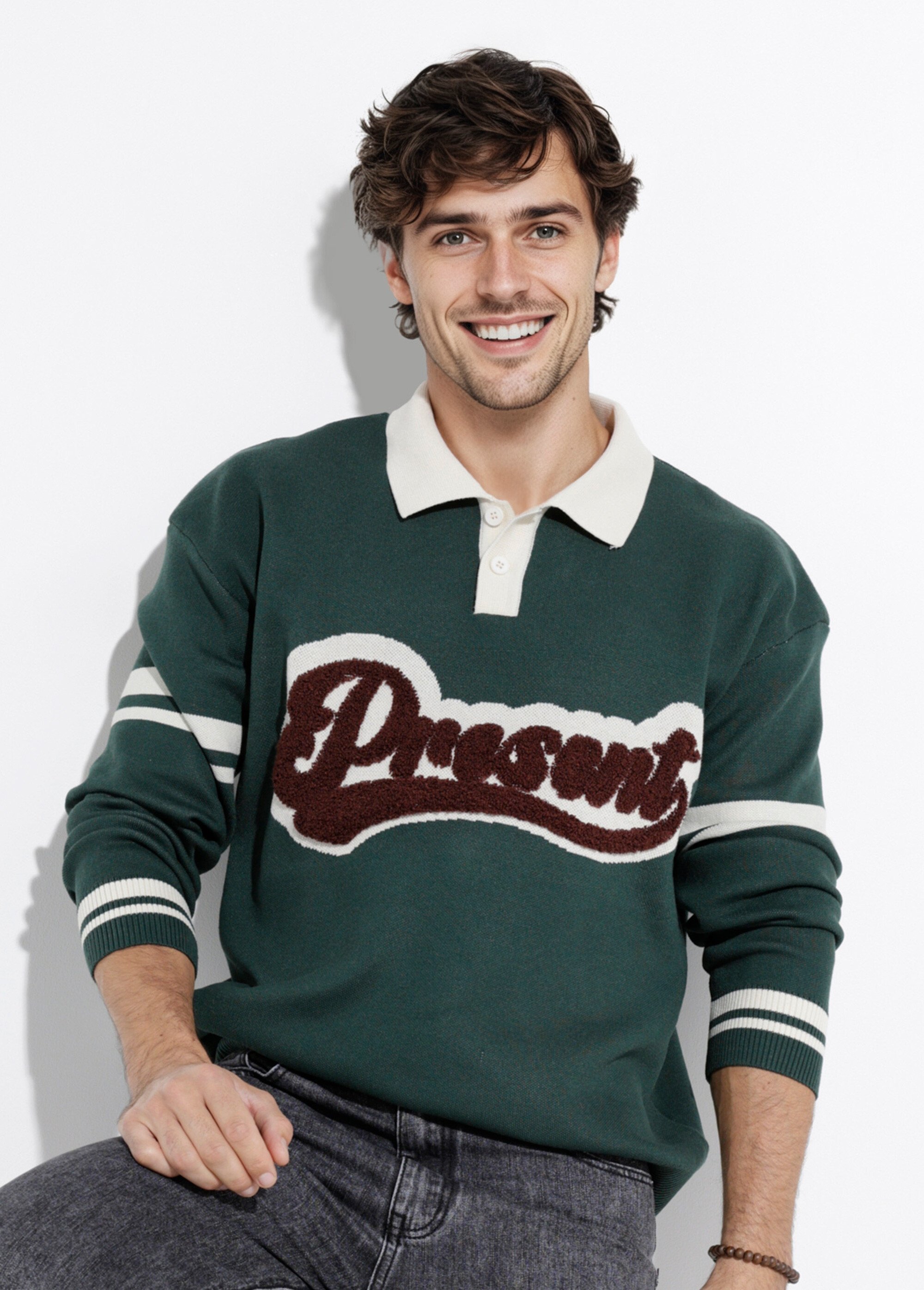 Pull col polo message maille bouclette Homme Vert FRI2206DZ MV1