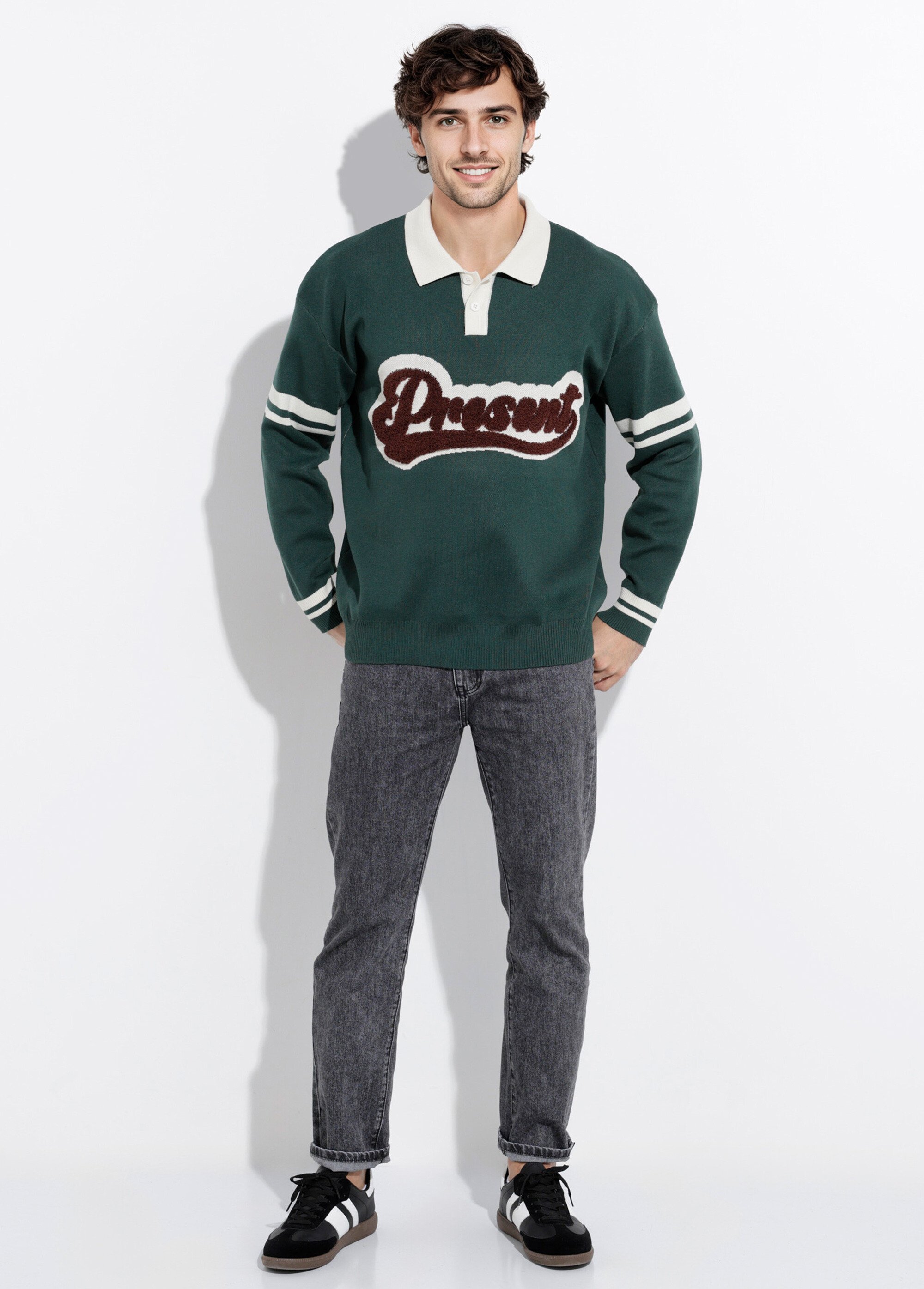 Pull col polo message maille bouclette Homme Vert FRI2206DZ SF1
