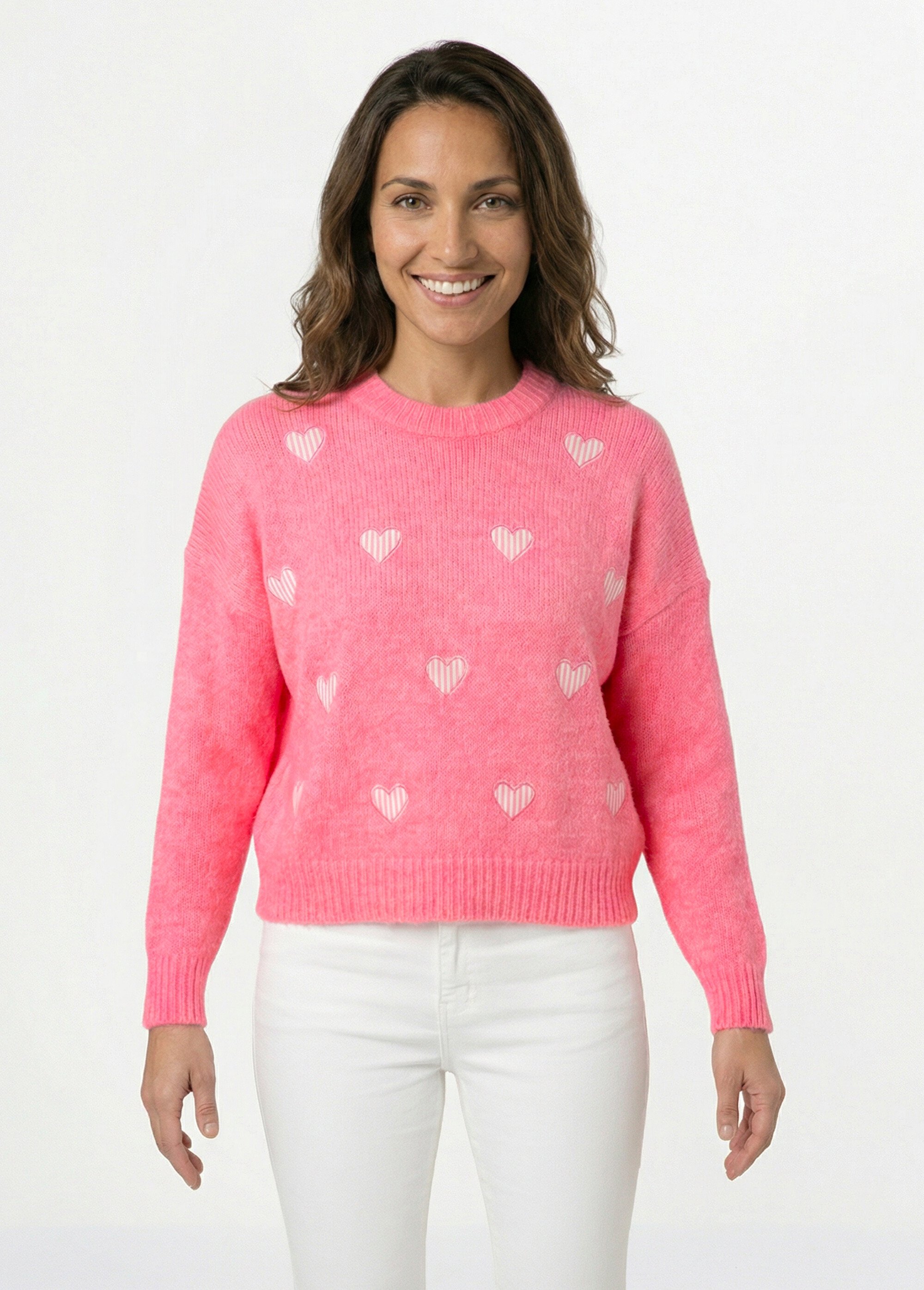 Pull col rond coeurs rayés avec laine Femme Rose JSM-JP-7981 FA1