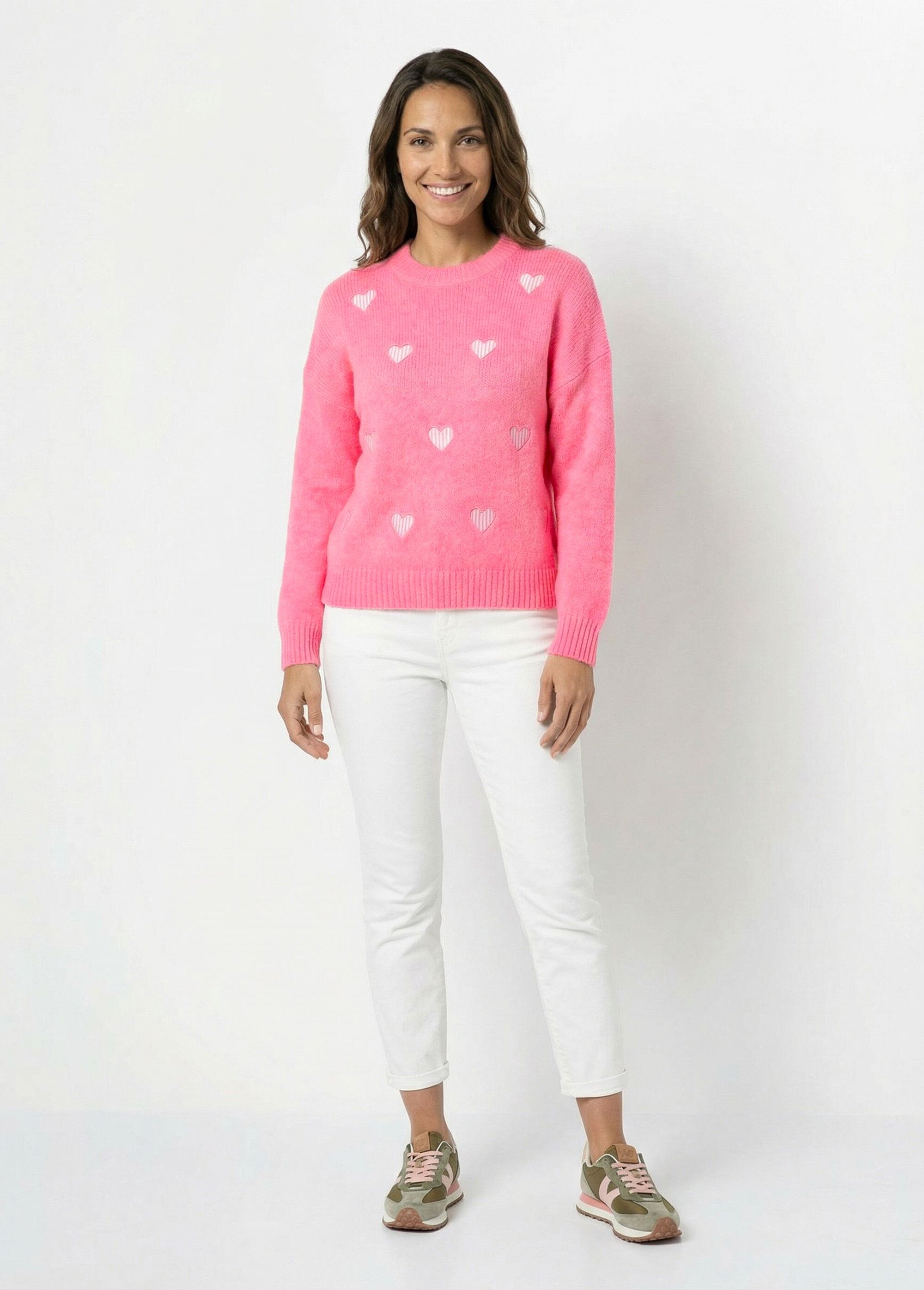 Pull col rond coeurs rayés avec laine Femme Rose JSM-JP-7981 SF1