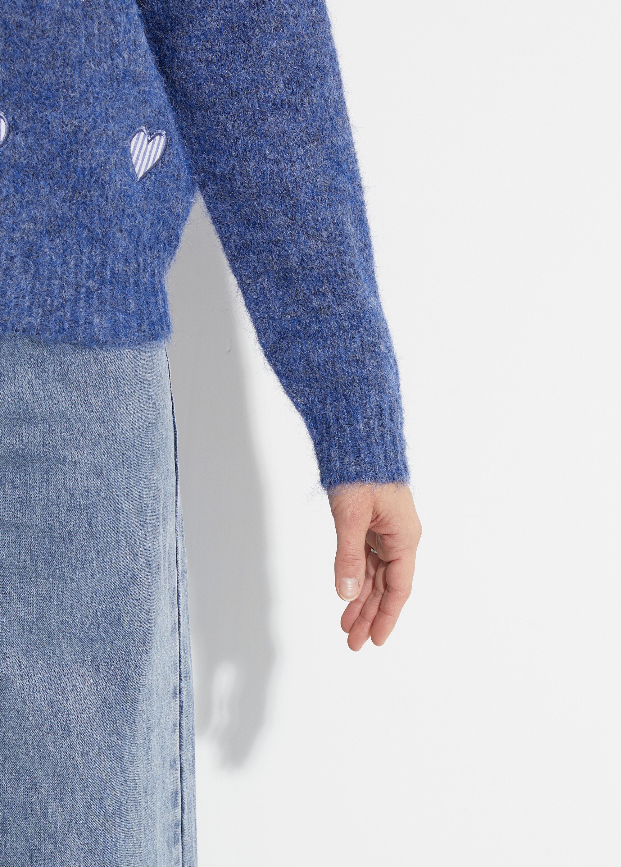 Pull col rond coeurs rayés avec laine Femme Bleu JSM-JP-7981 DE1