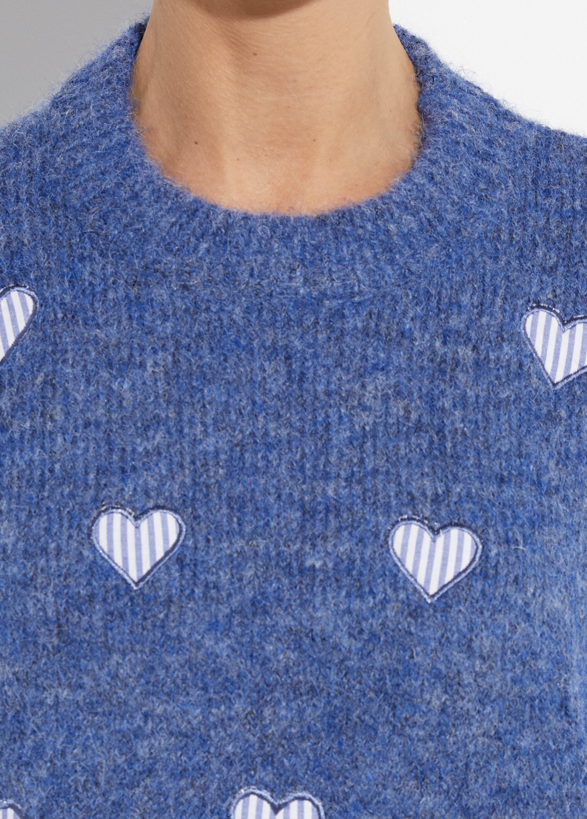 Pull col rond coeurs rayés avec laine Femme Bleu JSM-JP-7981 DE2