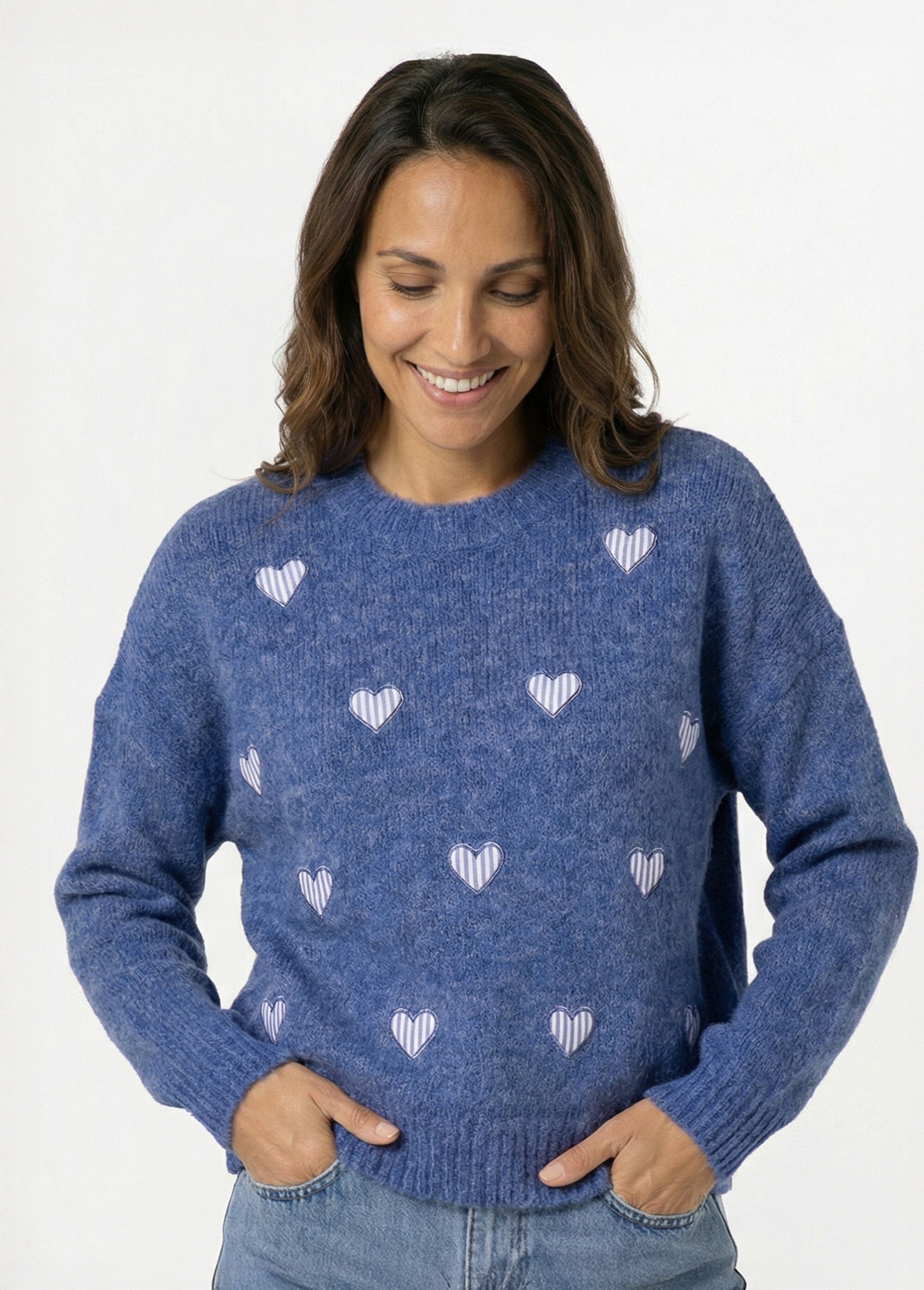 Pull col rond coeurs rayés avec laine Femme Bleu JSM-JP-7981 FA1