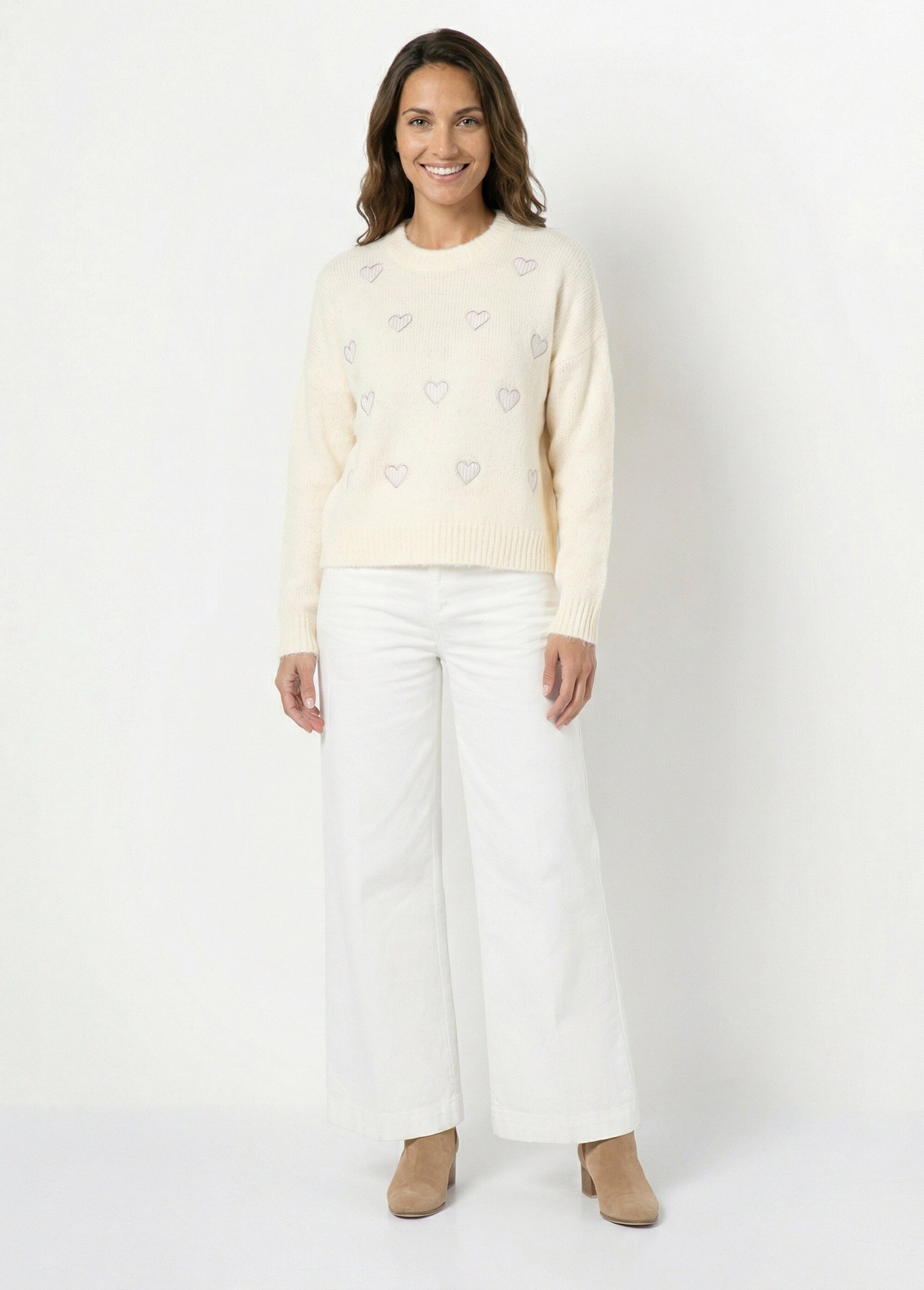 Pull col rond coeurs rayés avec laine Femme Beige JSM-JP-7981 SF1