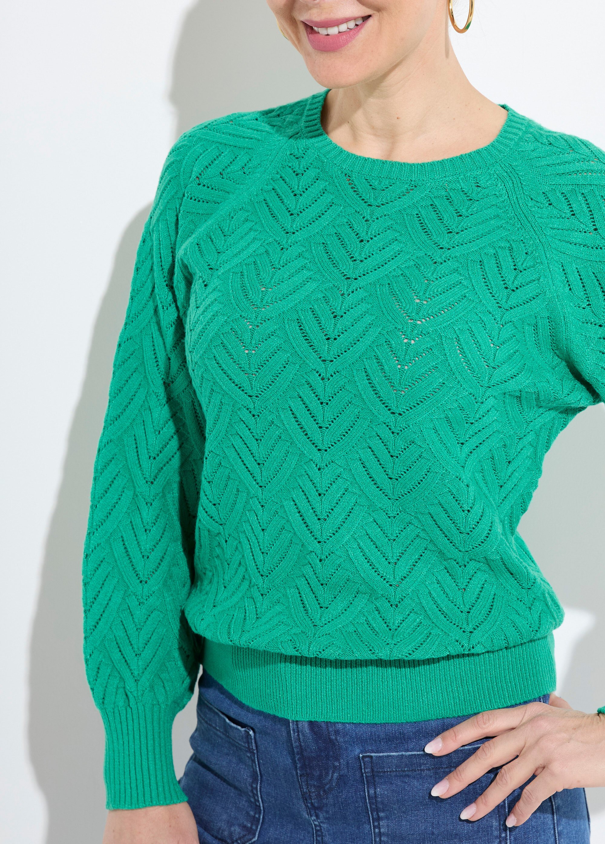 Pull doux court col rond uni ajouré Femme Vert PAVINA DE1