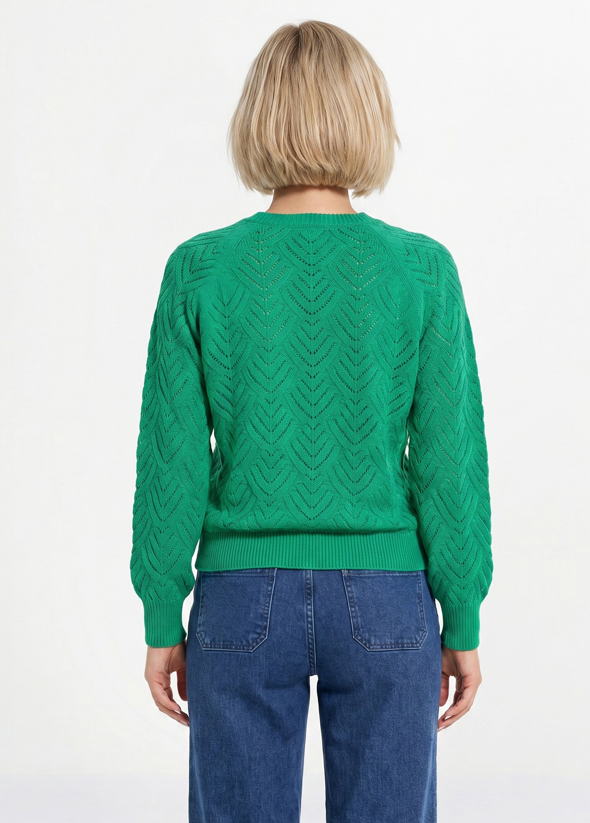 Pull doux court col rond uni ajouré Femme Vert PAVINA DO1