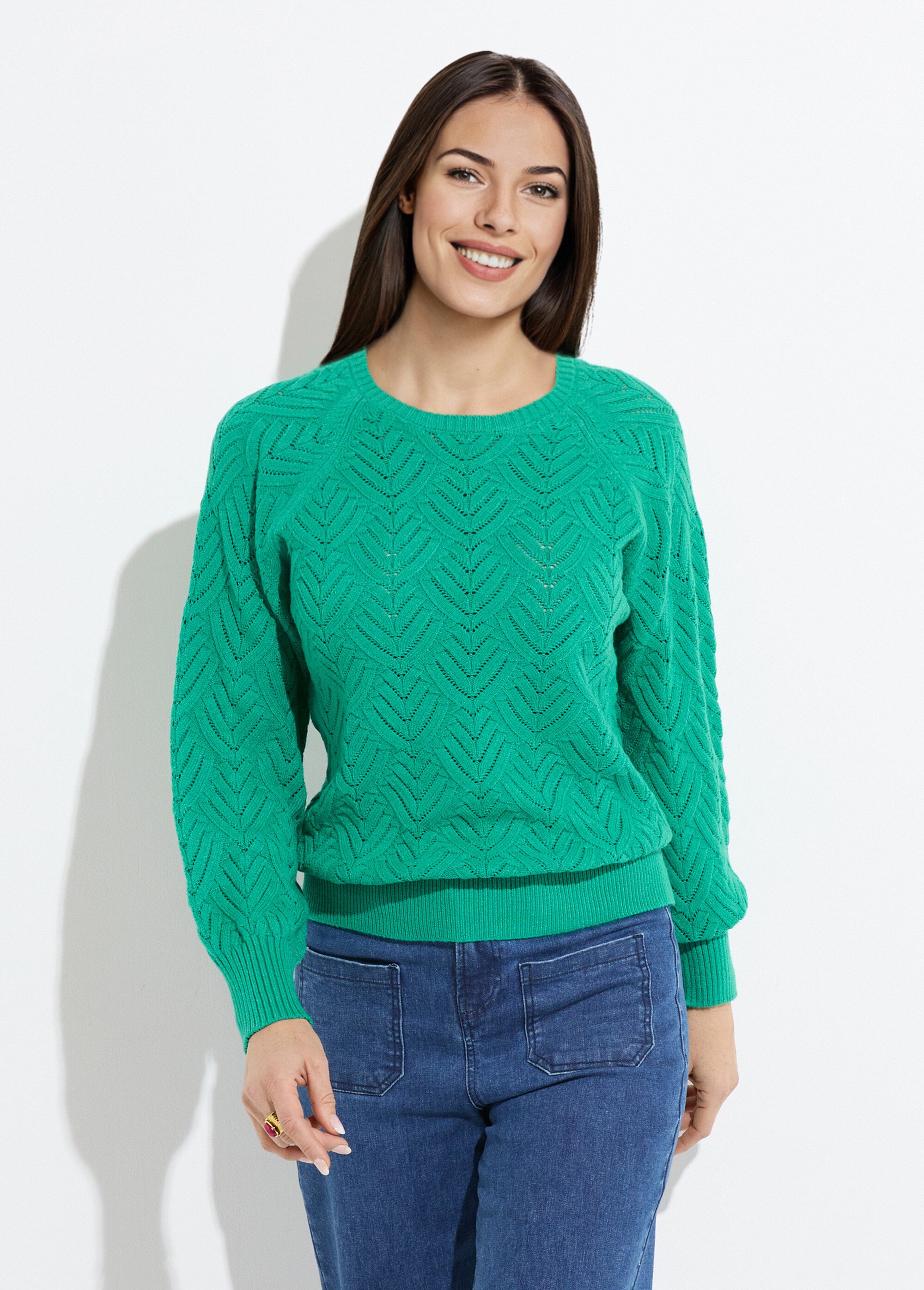 Pull doux court col rond uni ajouré Femme Vert PAVINA FA1