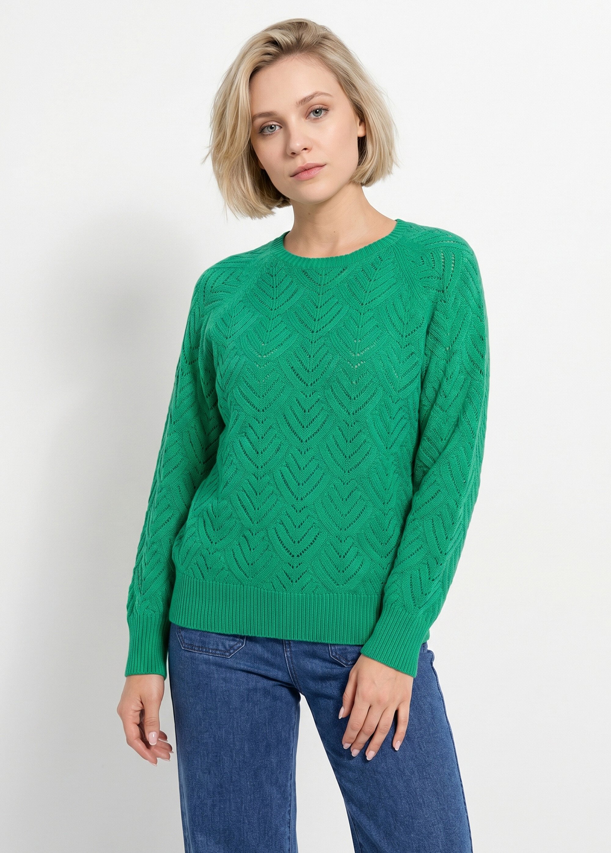 Pull doux court col rond uni ajouré Femme Vert PAVINA FA1