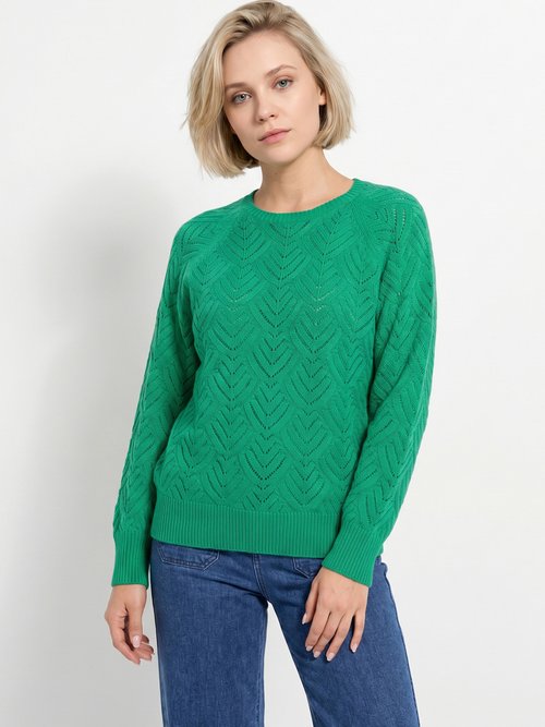 Pull doux court col rond uni ajouré Femme Vert PAVINA FA1