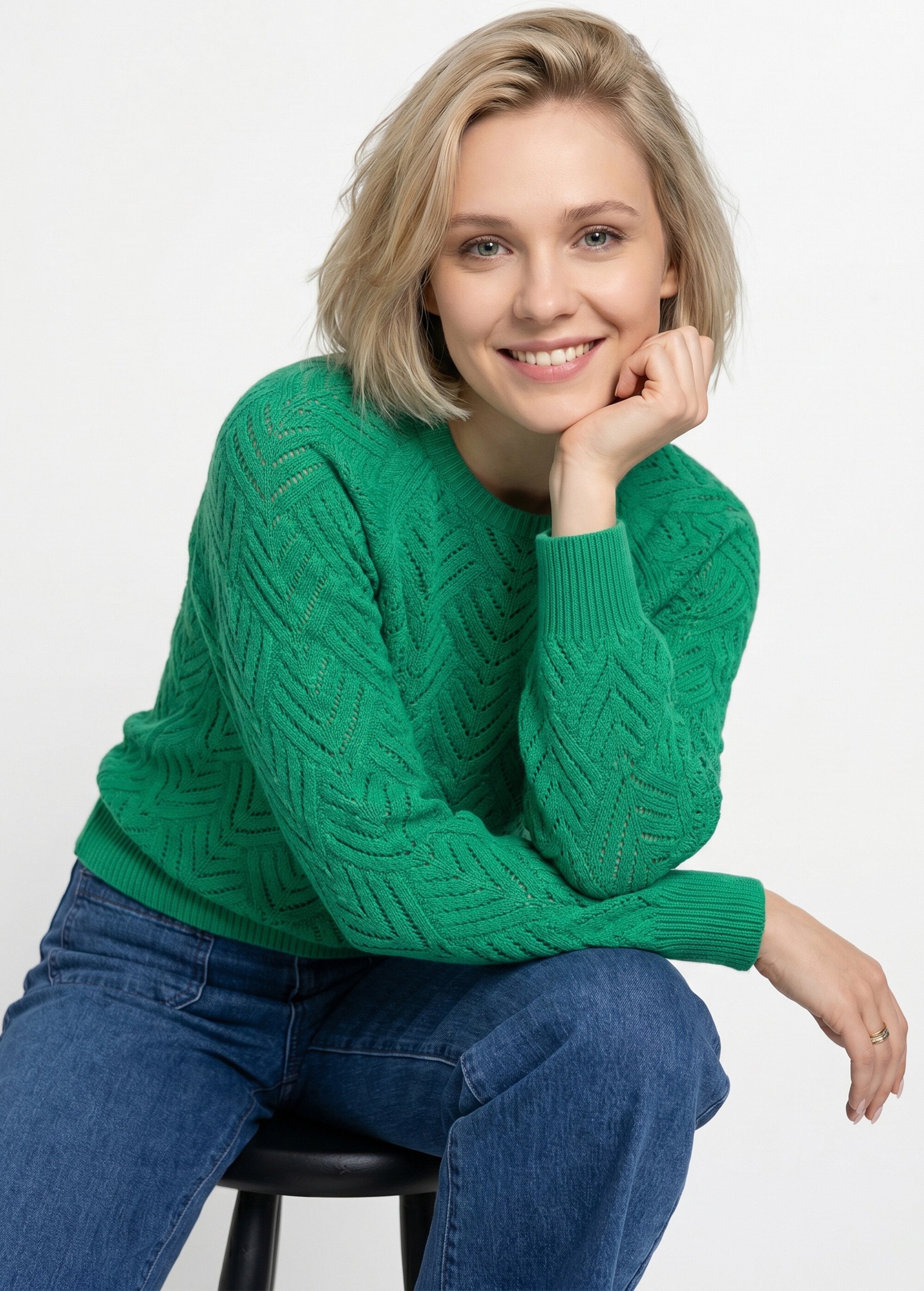 Pull doux court col rond uni ajouré Femme Vert PAVINA MV1