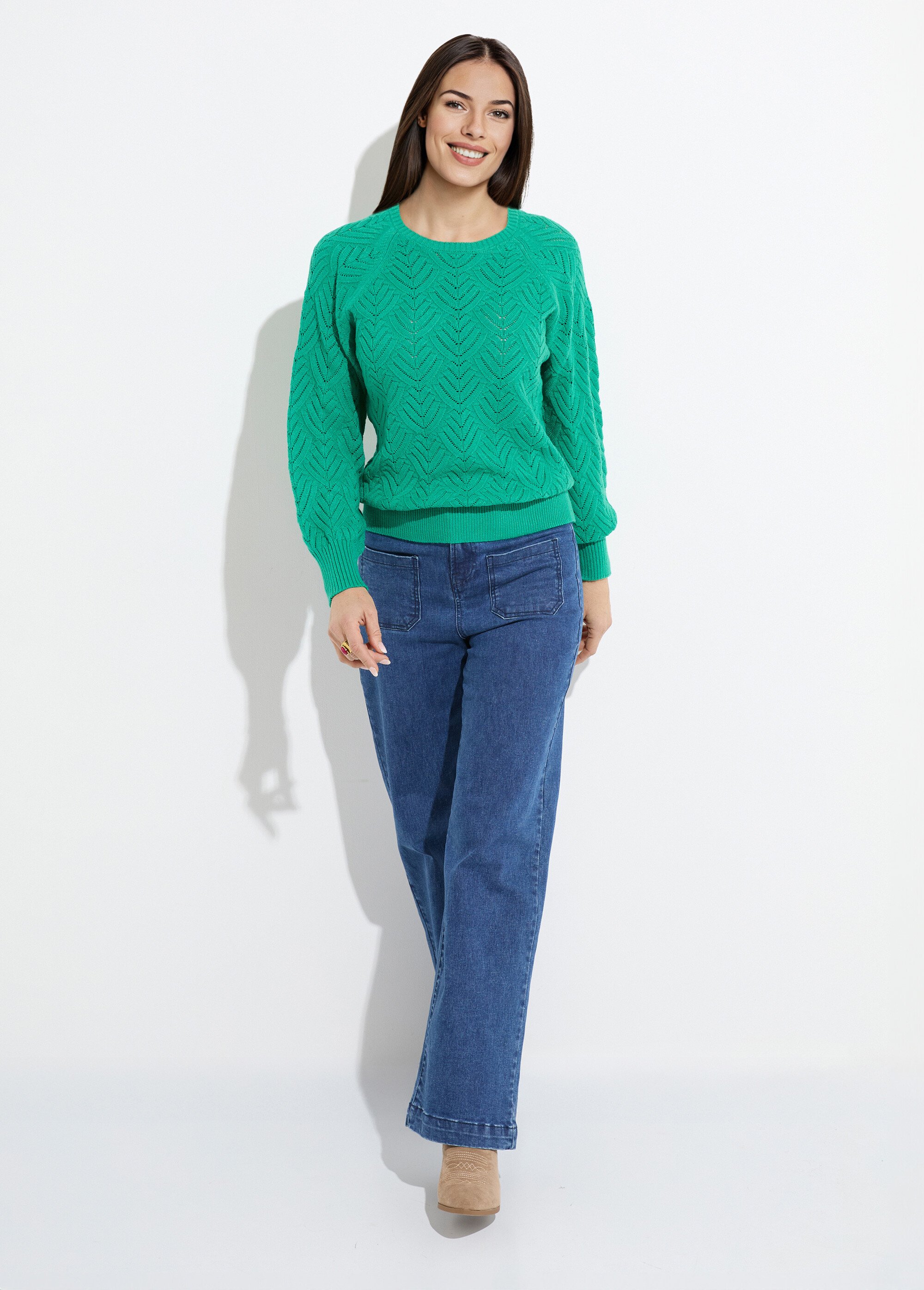 Pull doux court col rond uni ajouré Femme Vert PAVINA SF1