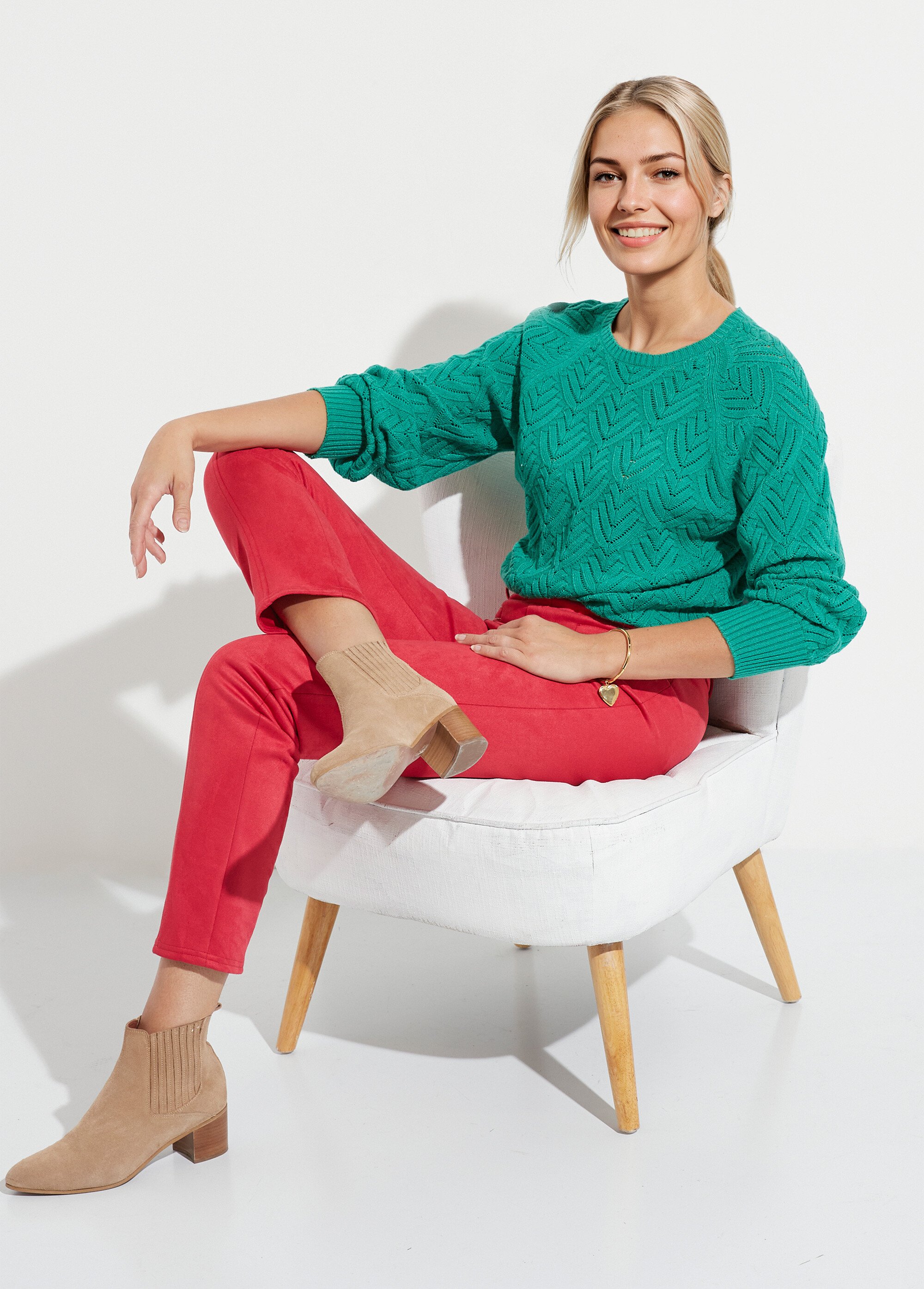 Pull doux court col rond uni ajouré Femme Vert PAVINA SI1