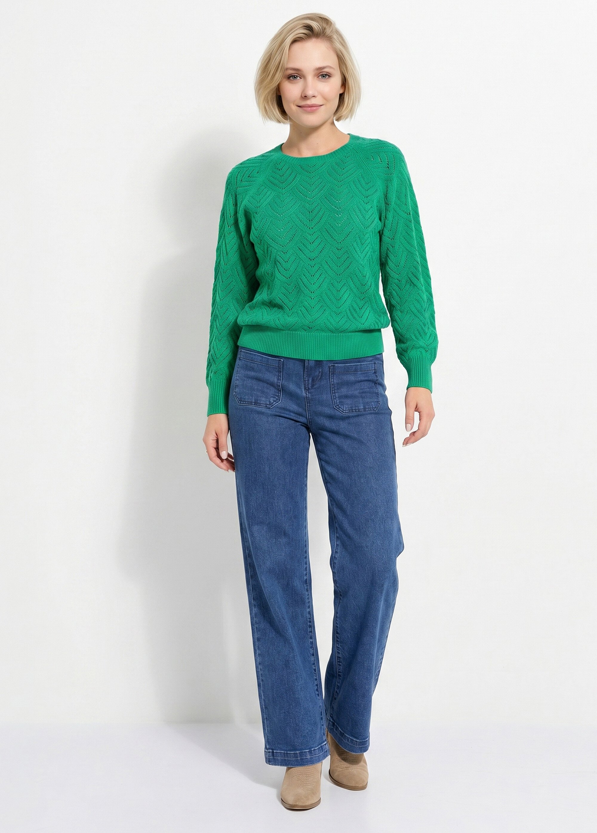 Pull doux court col rond uni ajouré Femme Vert PAVINA SI1