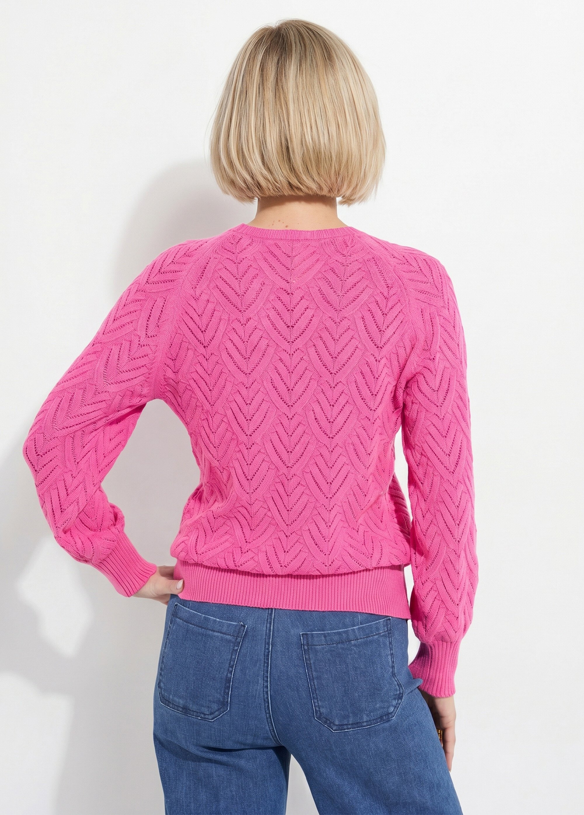 Pull doux court col rond uni ajouré Femme Rose PAVINA DO1