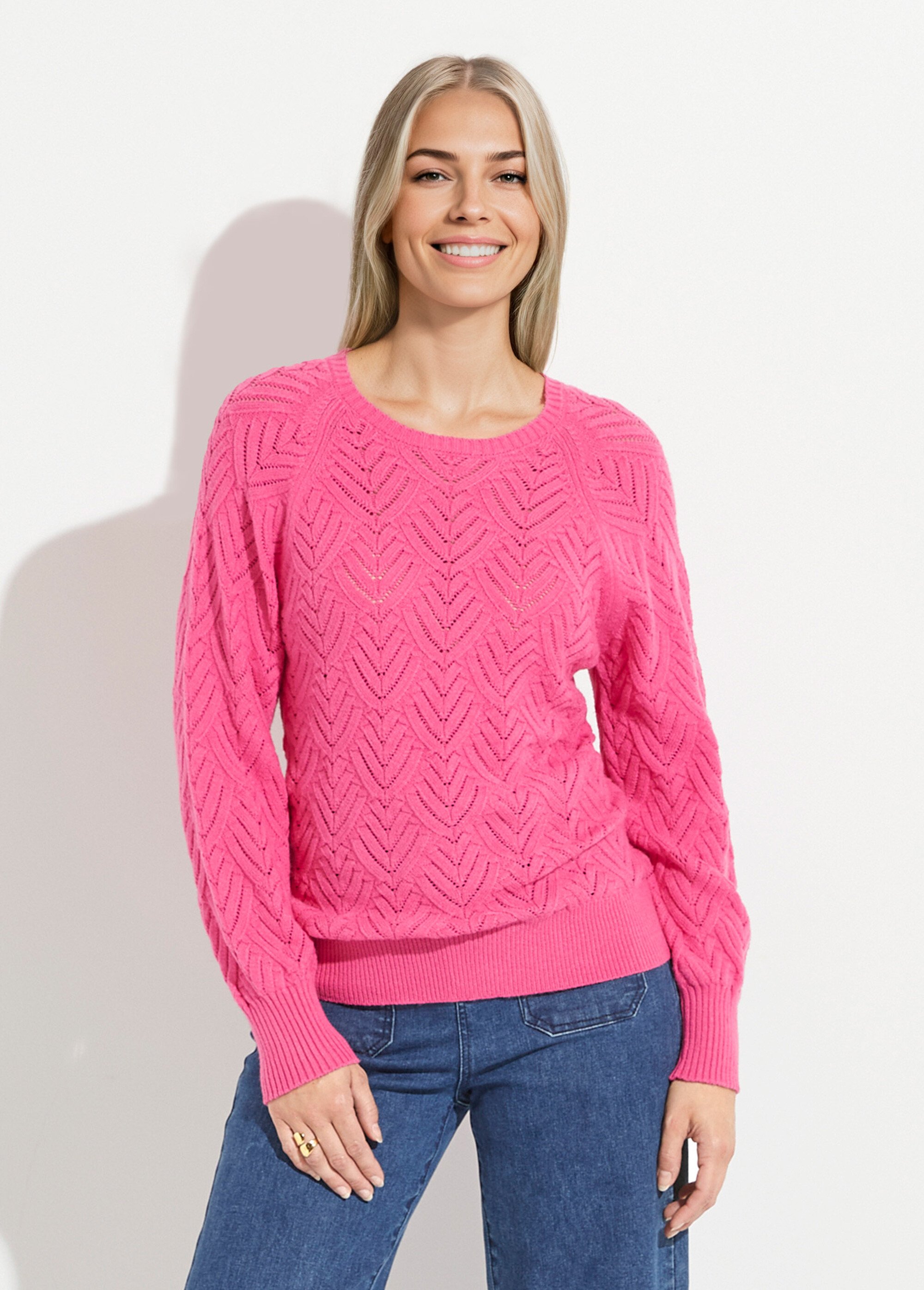 Pull doux court col rond uni ajouré Femme Rose PAVINA FA1
