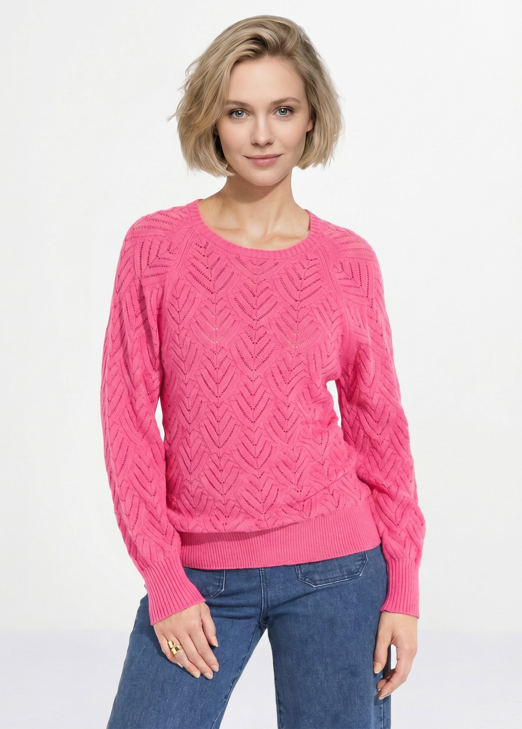 Pull doux court col rond uni ajouré Femme Rose PAVINA FA1