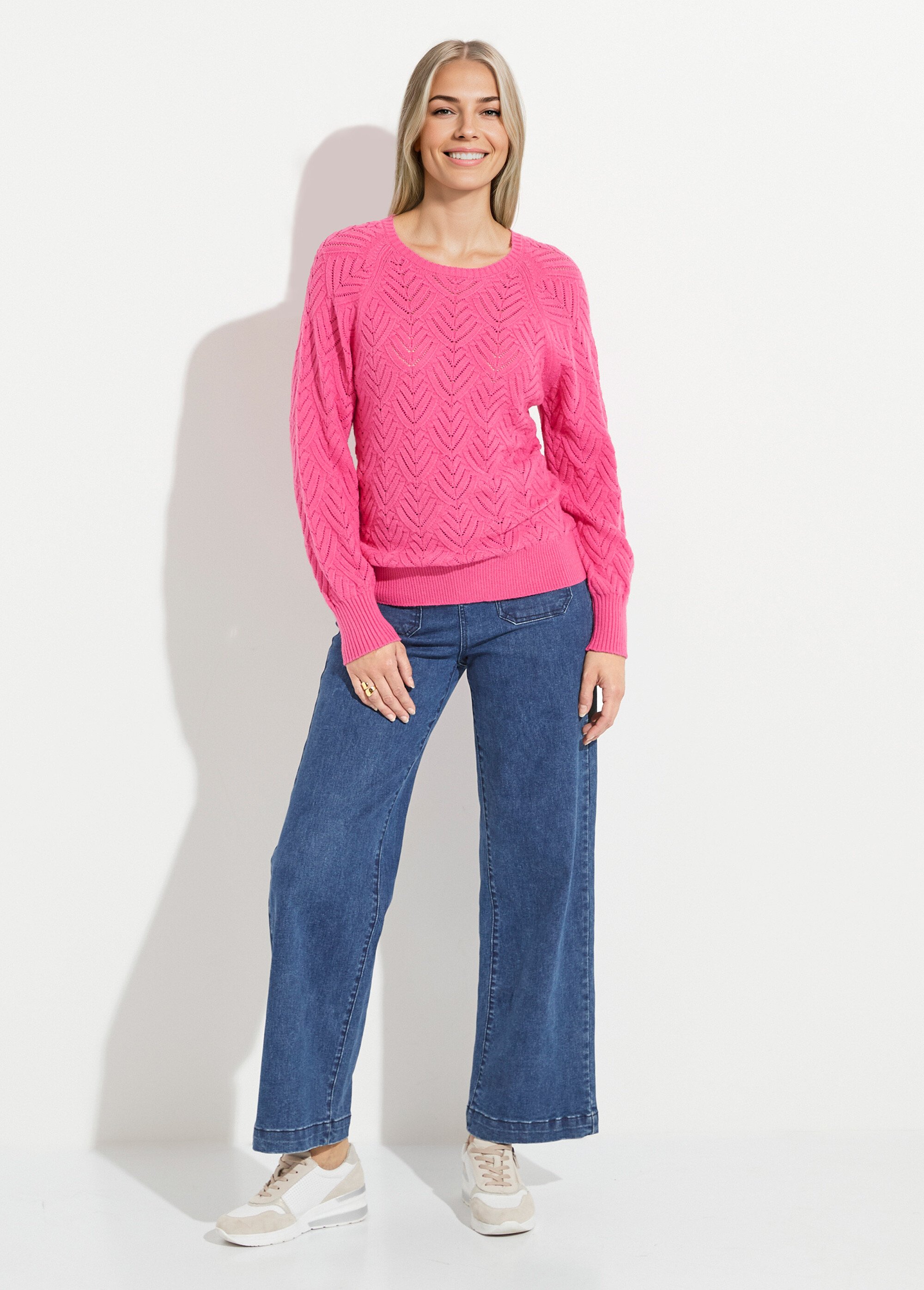Pull doux court col rond uni ajouré Femme Rose PAVINA SF1