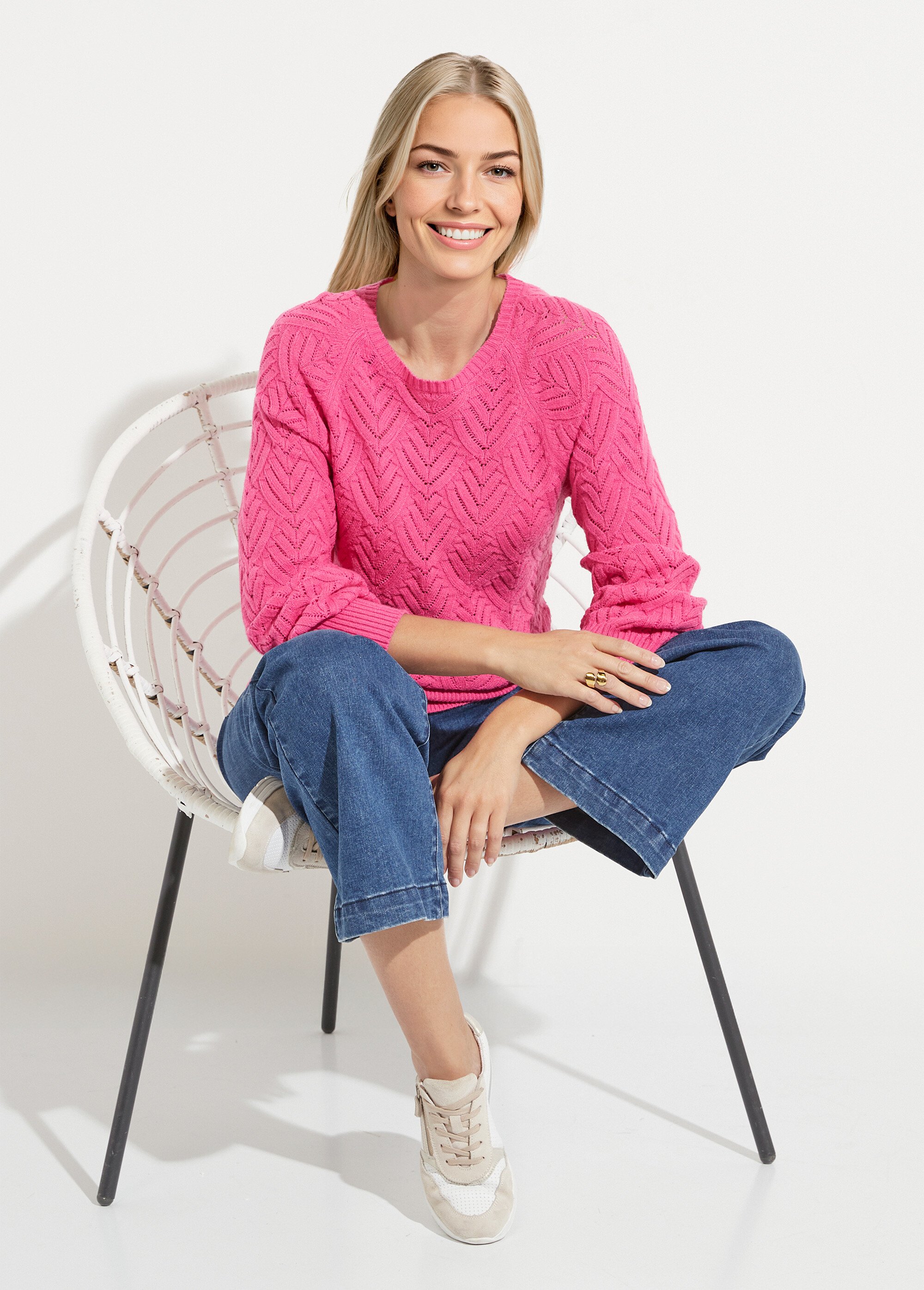 Pull doux court col rond uni ajouré Femme Rose PAVINA SI1