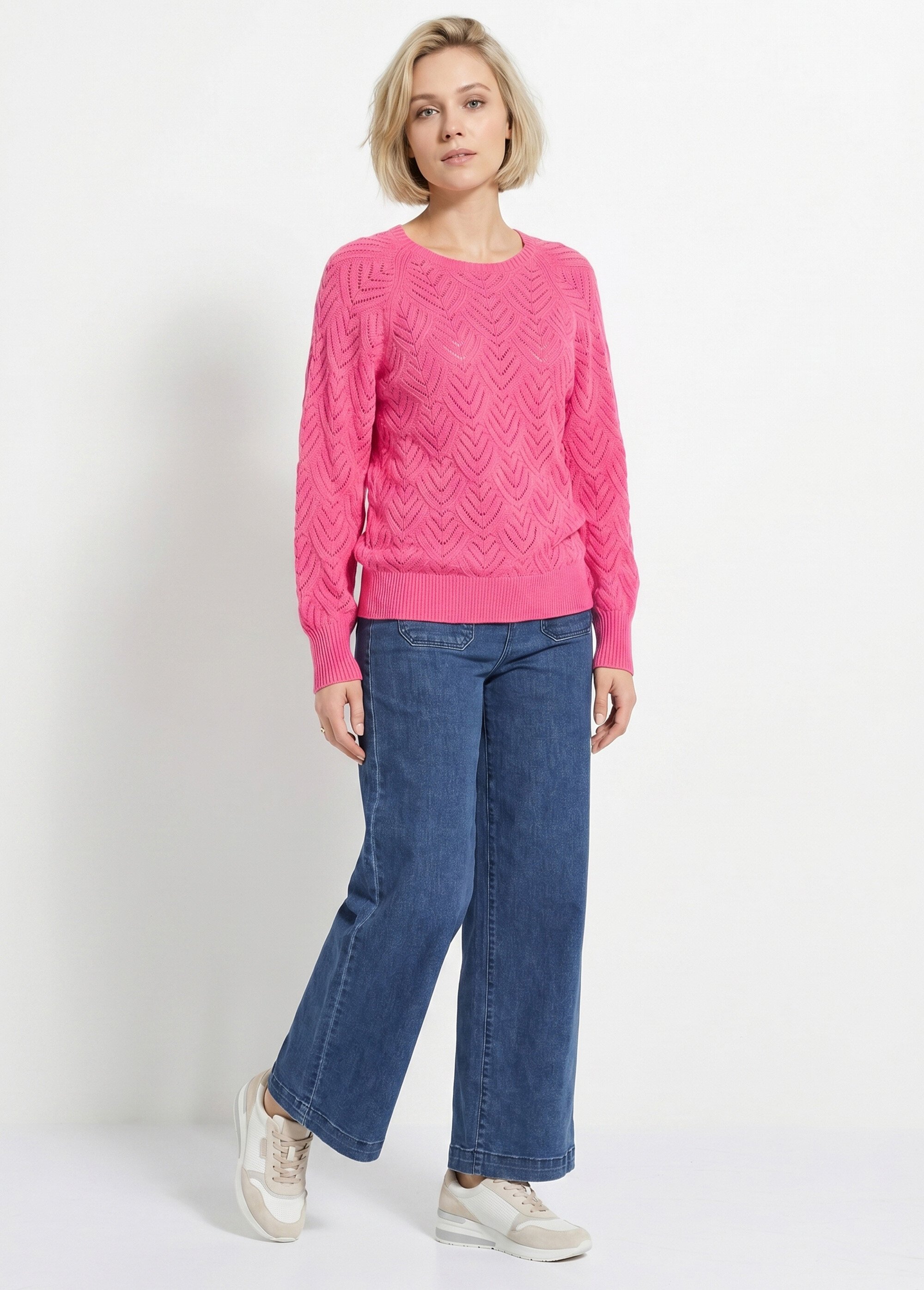 Pull doux court col rond uni ajouré Femme Rose PAVINA SI1