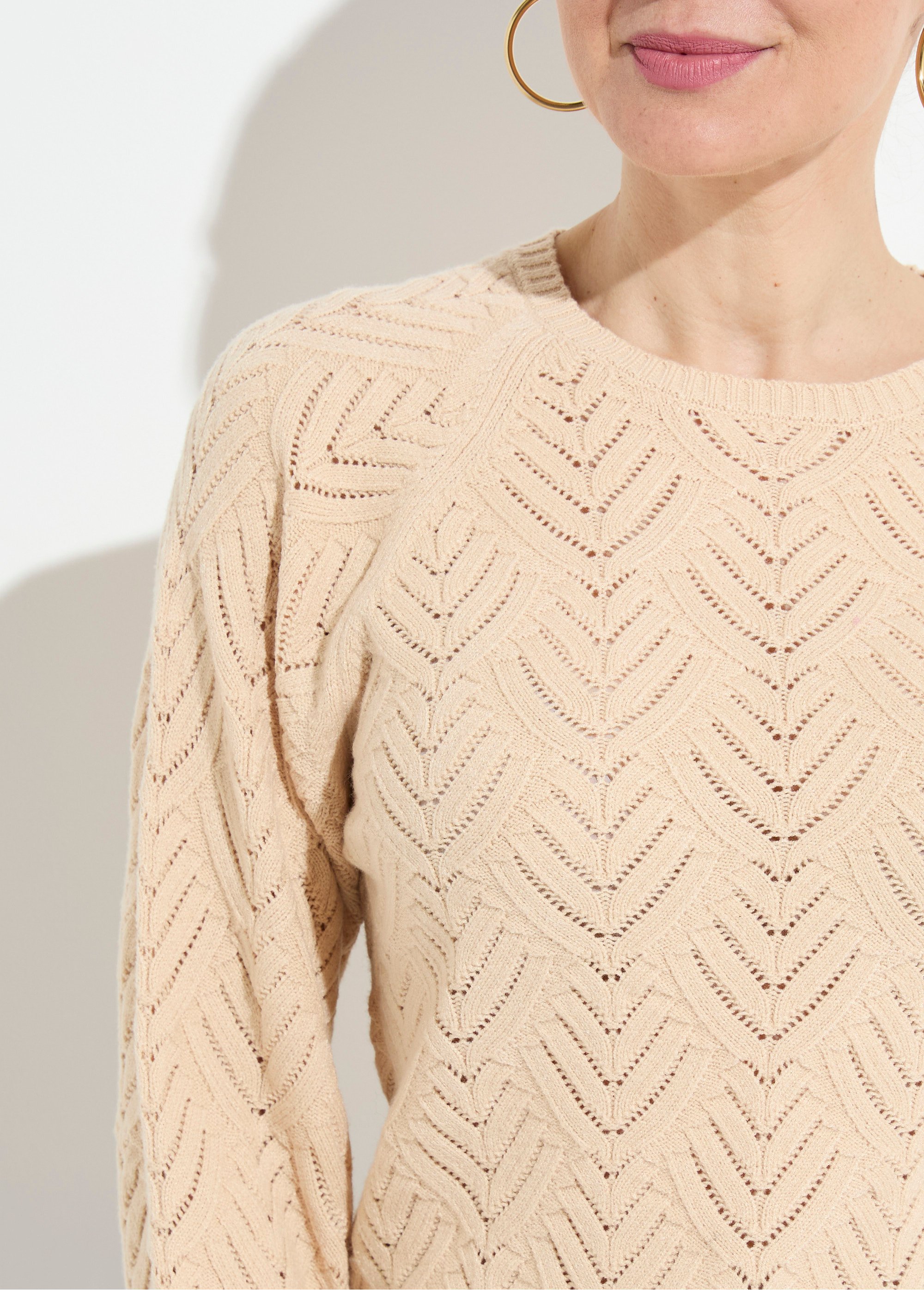 Pull doux court col rond uni ajouré Femme Beige PAVINA DE1