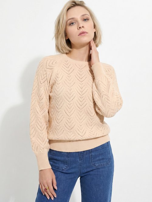 Pull doux court col rond uni ajouré Femme Beige PAVINA MV1
