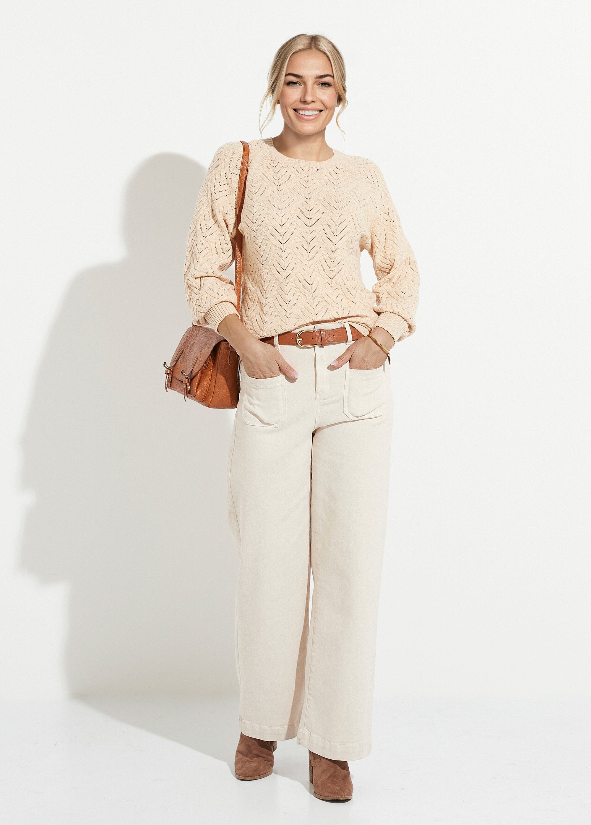 Pull doux court col rond uni ajouré Femme Beige PAVINA SF1