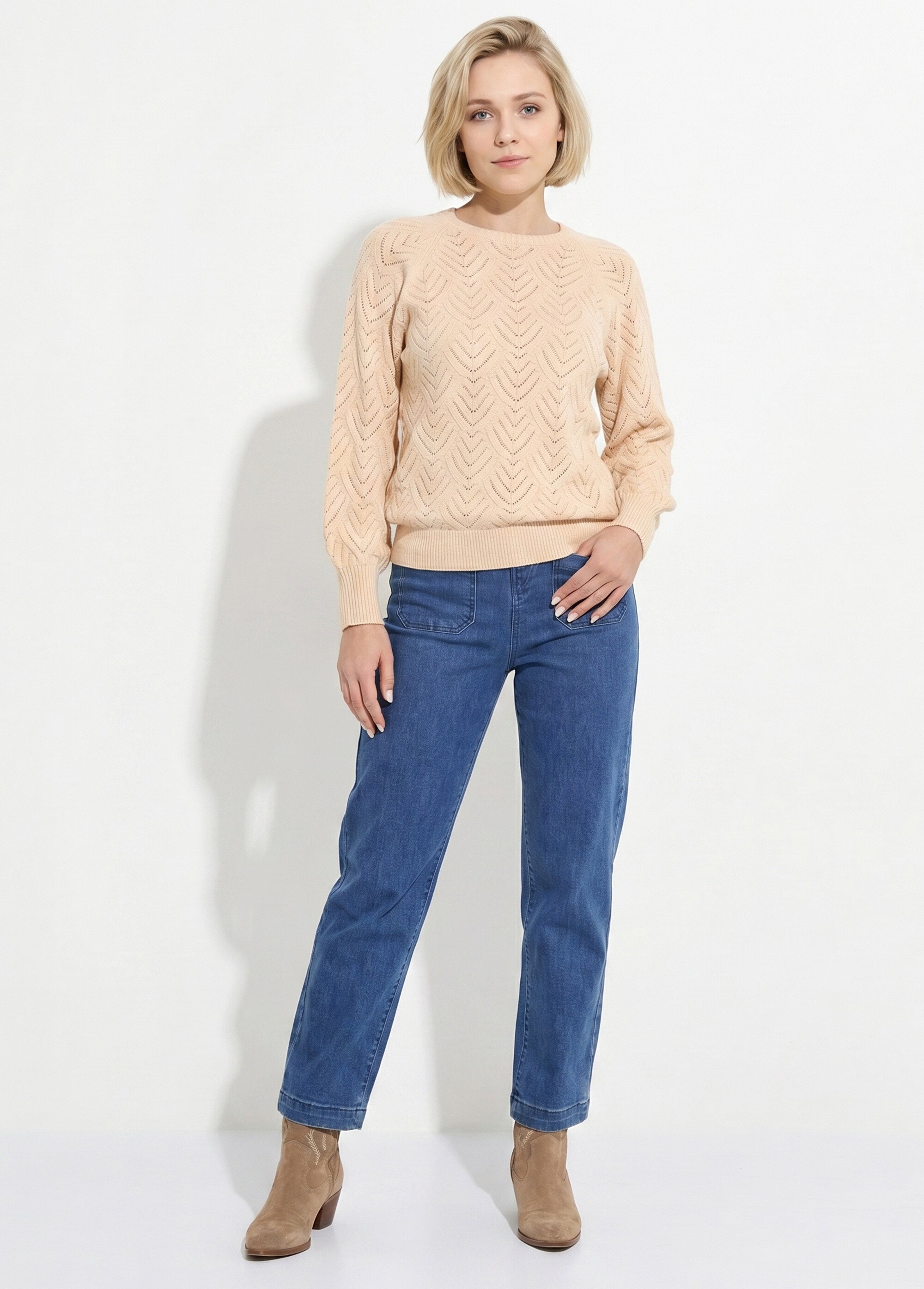 Pull doux court col rond uni ajouré Femme Beige PAVINA SI1