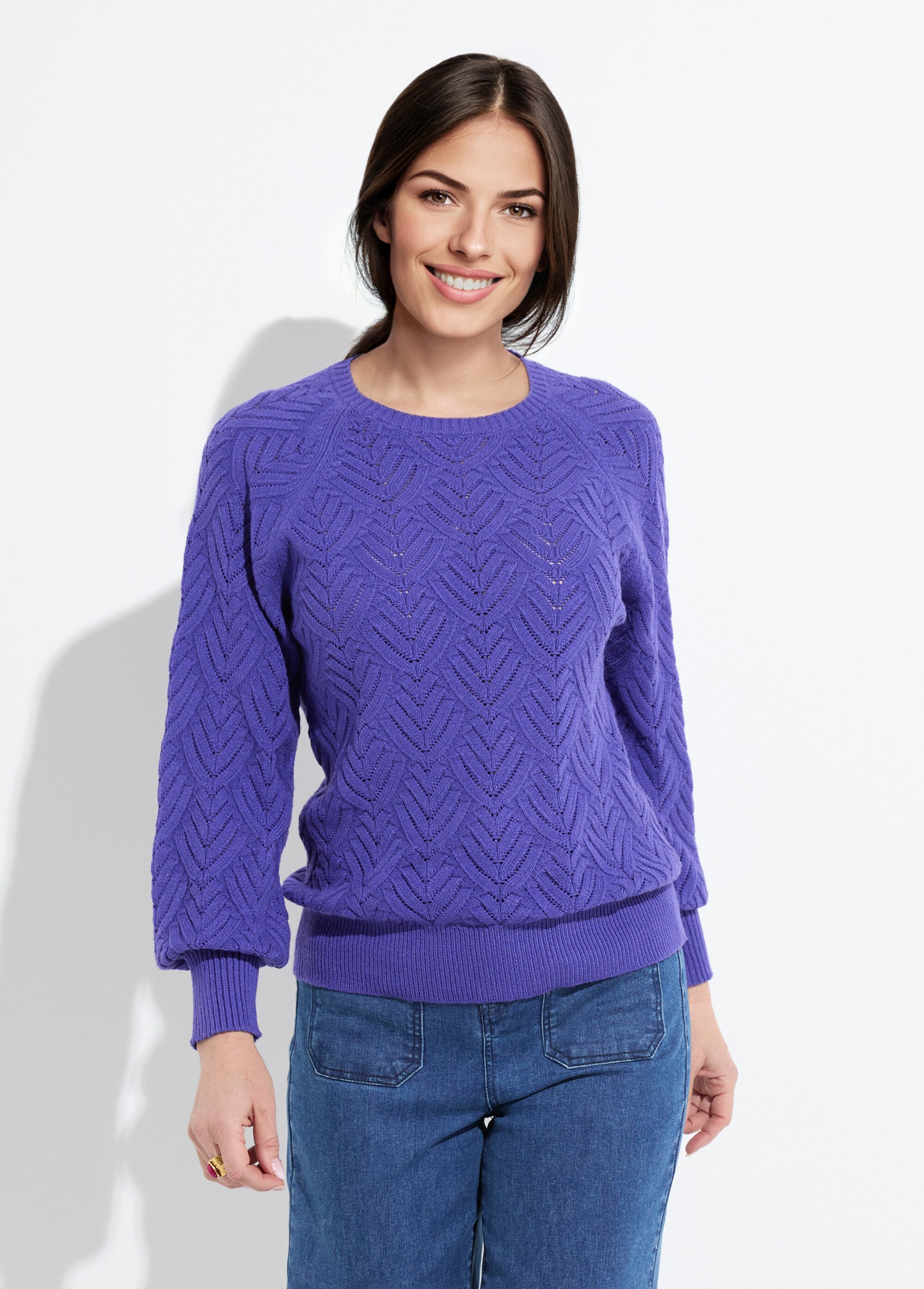 Pull doux court col rond uni ajouré Femme Violet PAVINA FA1