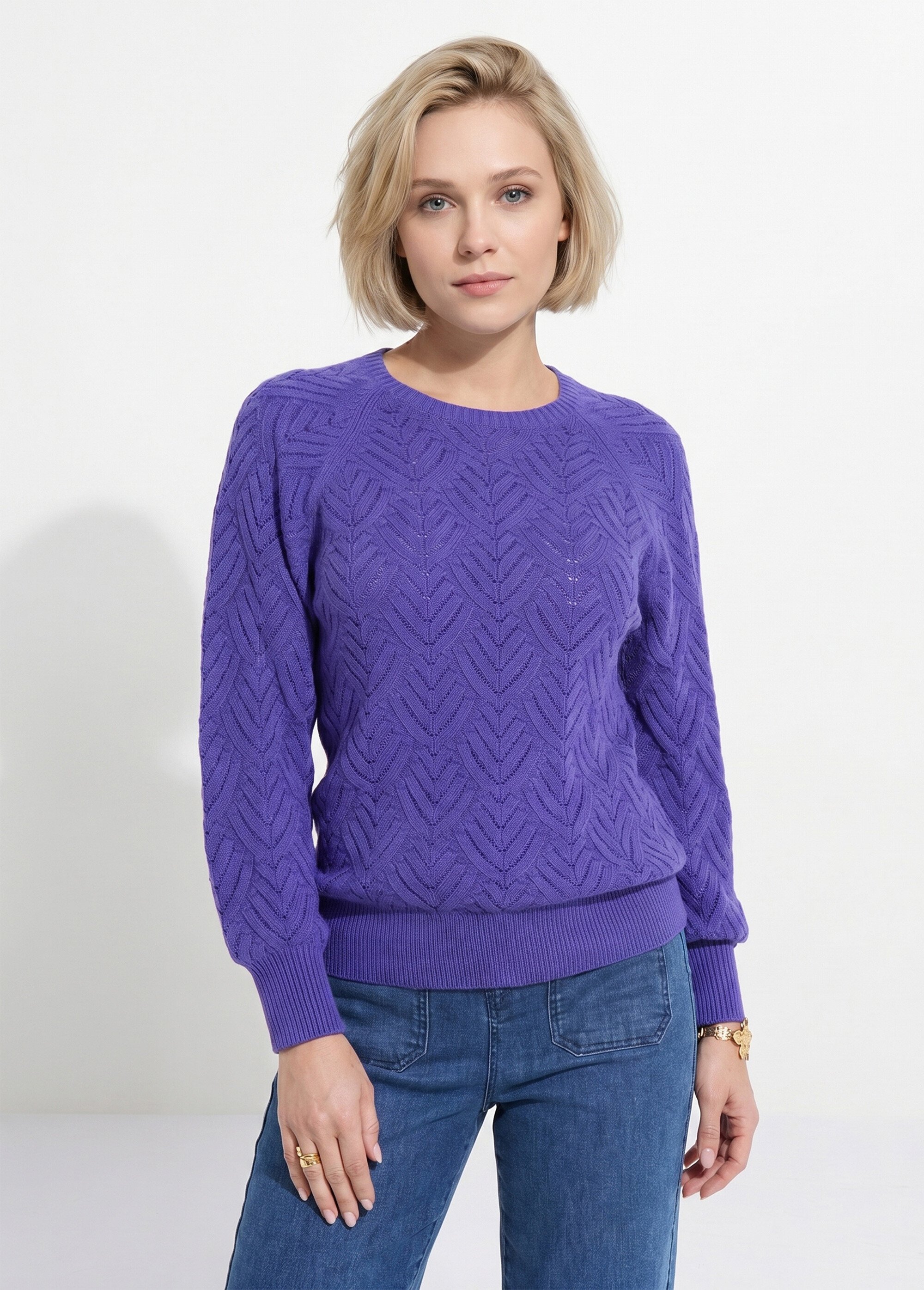 Pull doux court col rond uni ajouré Femme Violet PAVINA FA1