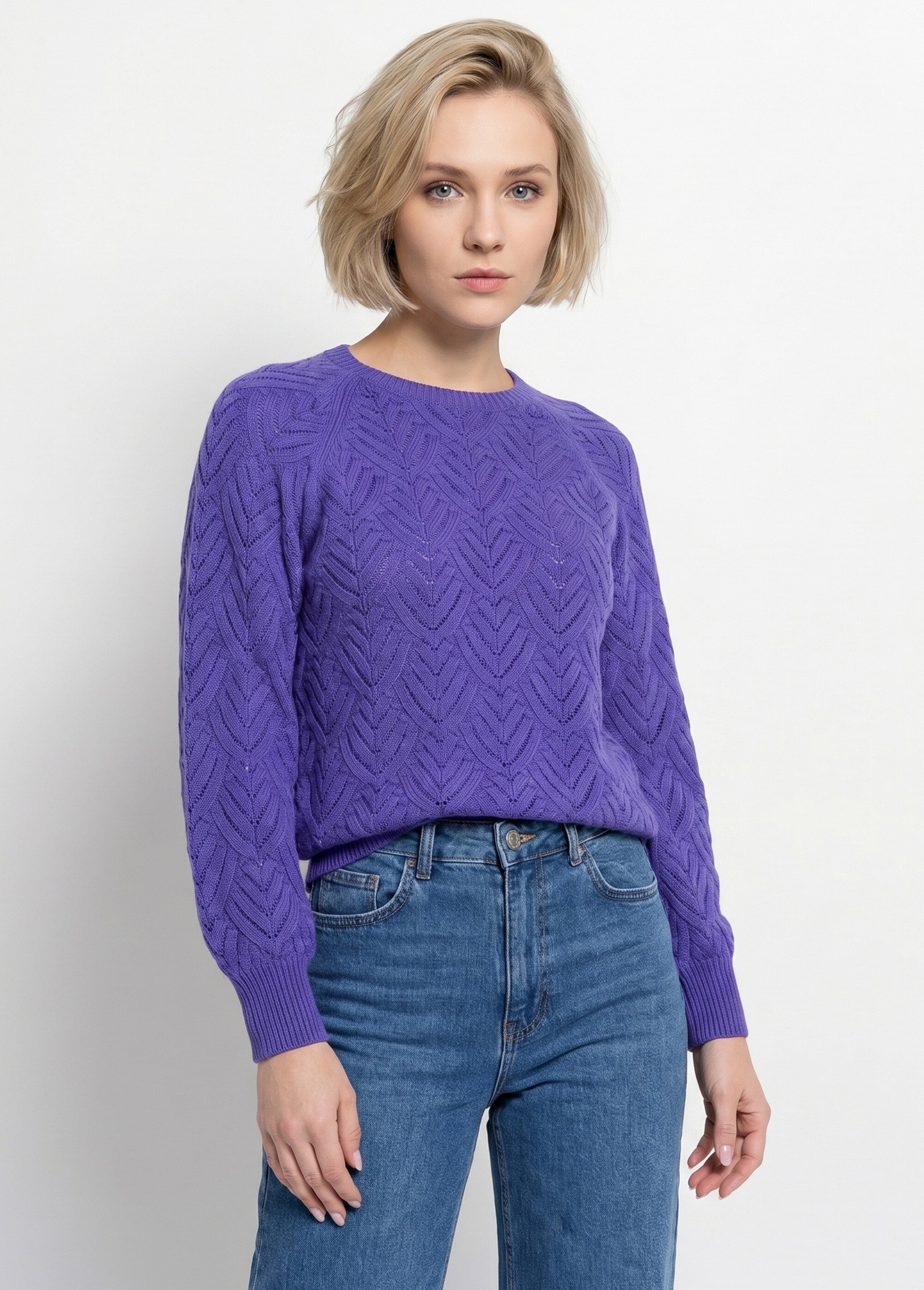Pull doux court col rond uni ajouré Femme Violet PAVINA FA2