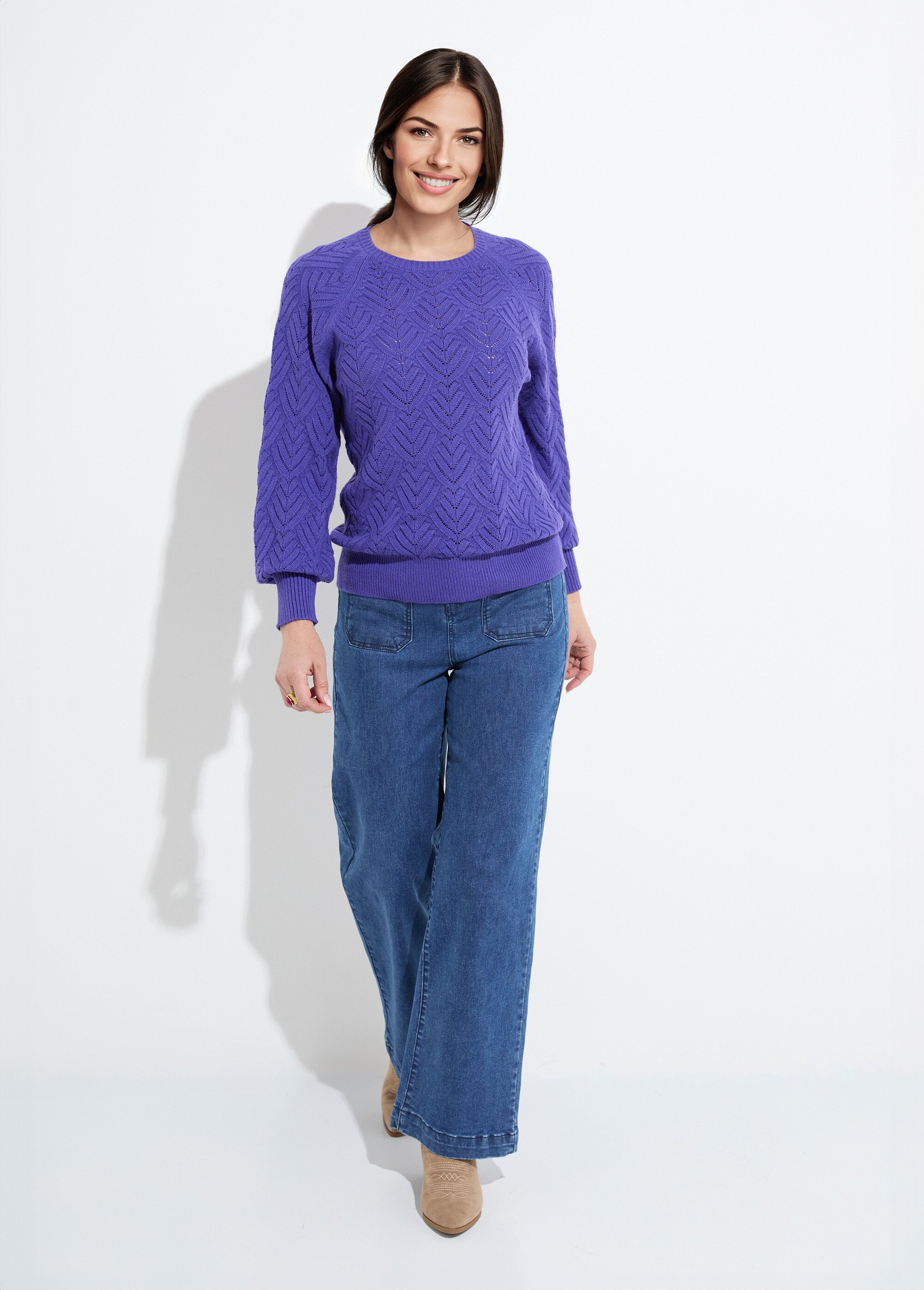 Pull doux court col rond uni ajouré Femme Violet PAVINA SF1