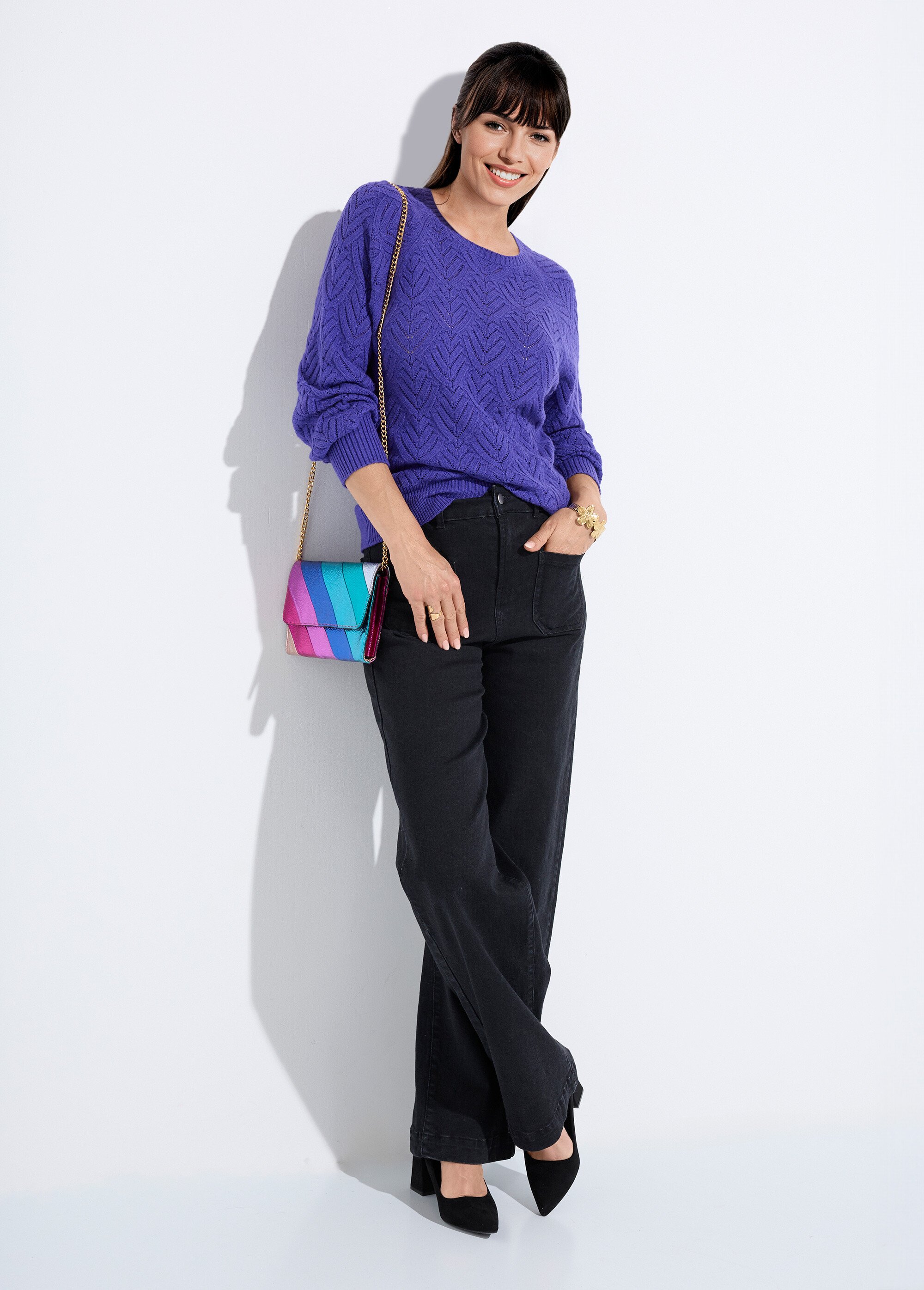 Pull doux court col rond uni ajouré Femme Violet PAVINA SI1