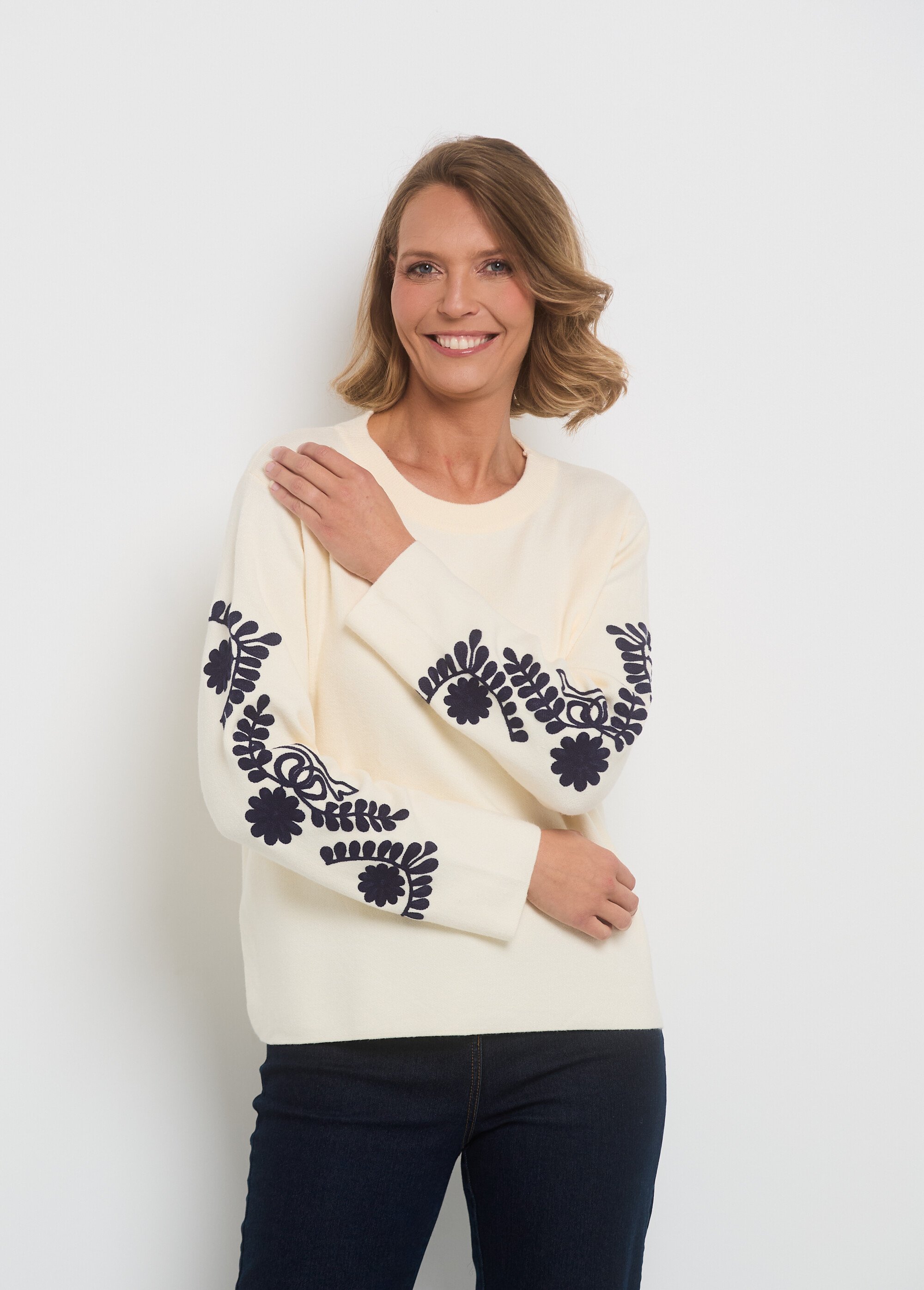 Pull manches avec broderies fantaisie Femme Beige IA-AR672 FA2