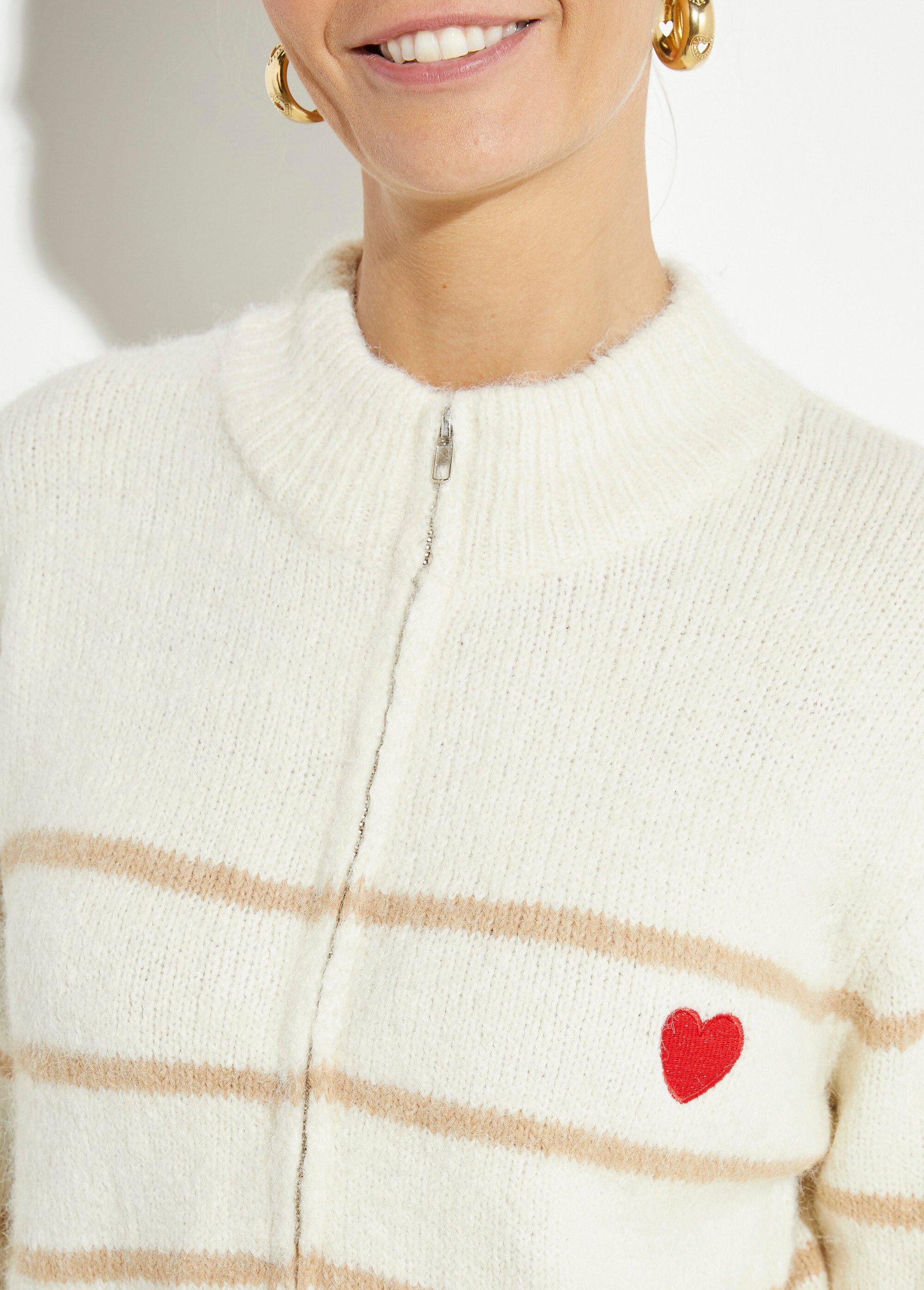 Pull rayé zippé chaud, maille avec laine Femme Beige IA-PL136 DE1