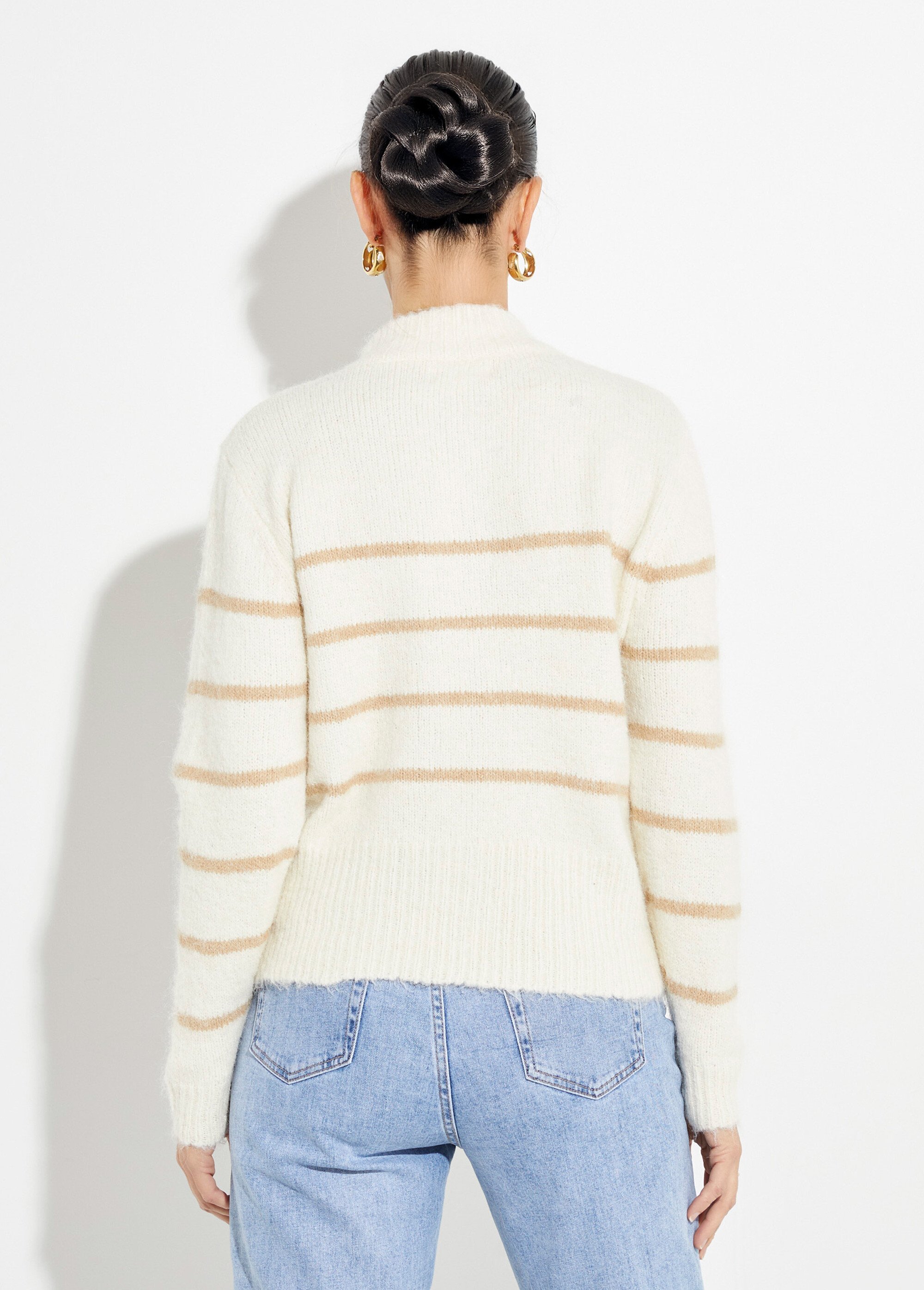 Pull rayé zippé chaud, maille avec laine Femme Beige IA-PL136 DO1