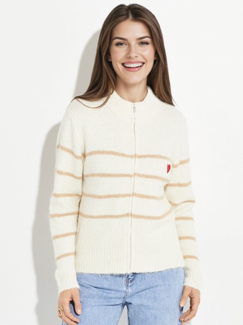 Pull rayé zippé chaud, maille avec laine Femme Beige IA-PL136 FA1