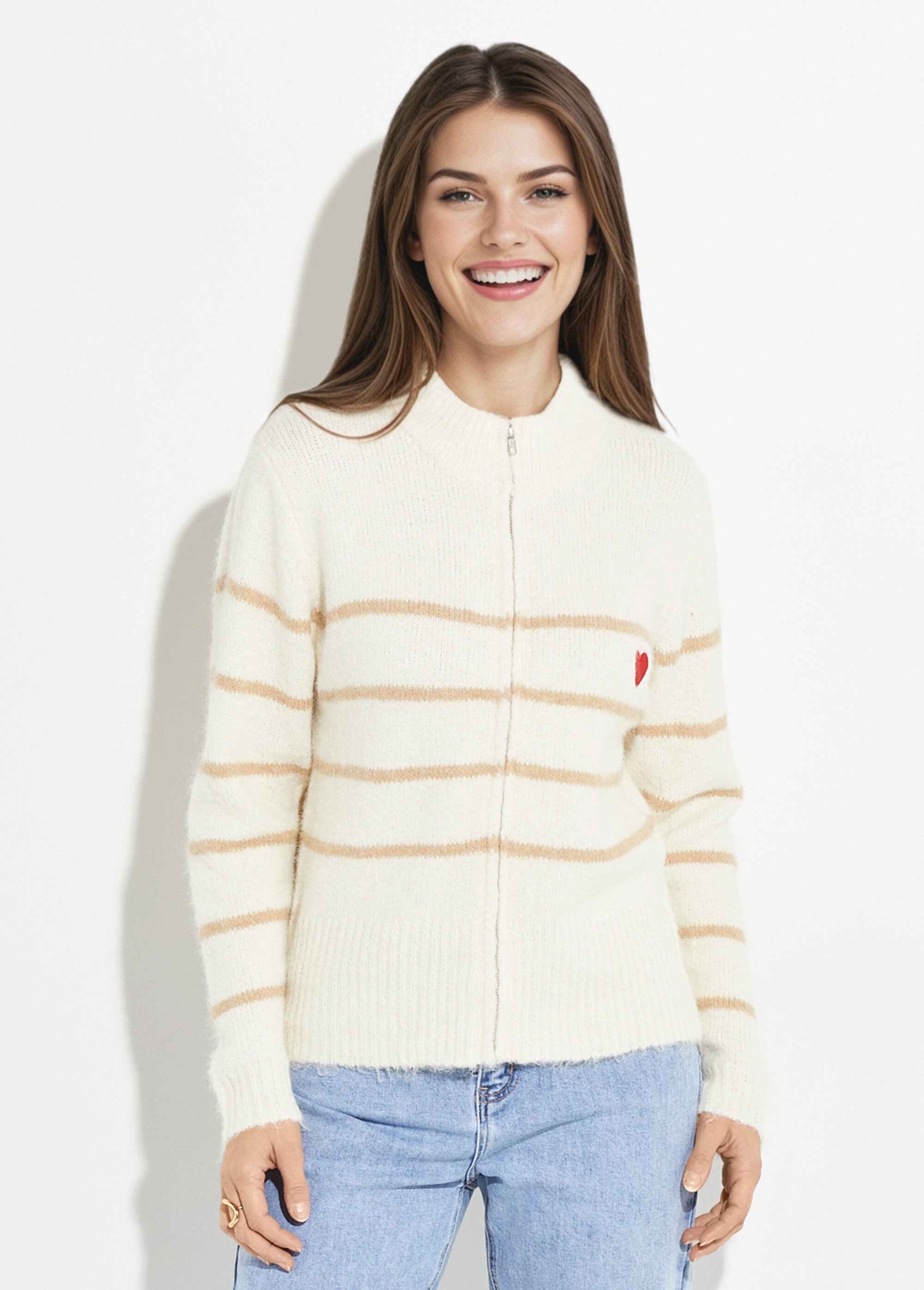 Pull rayé zippé chaud, maille avec laine Femme Beige IA-PL136 FA1