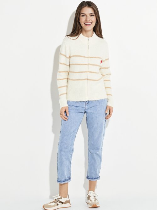 Pull rayé zippé chaud, maille avec laine Femme Beige IA-PL136 SF1