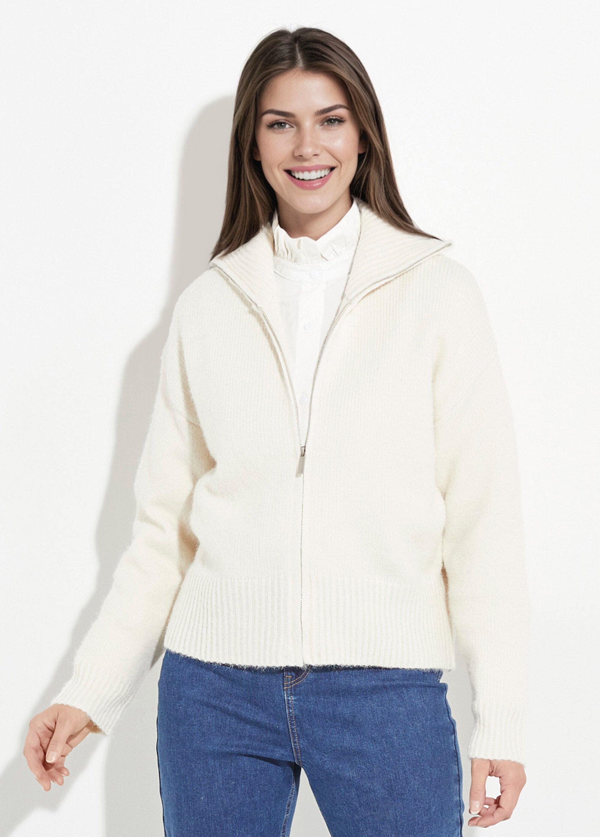 Pull zippé en maille avec col montant Femme Beige IA-AR807 FA1