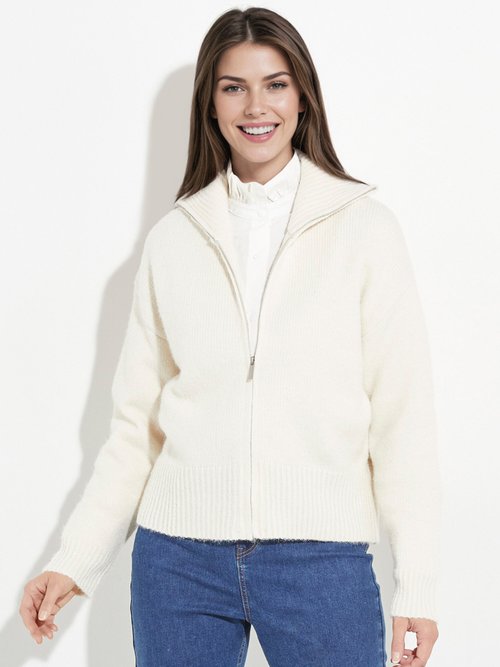 Pull zippé en maille avec col montant Femme Beige IA-AR807 FA1